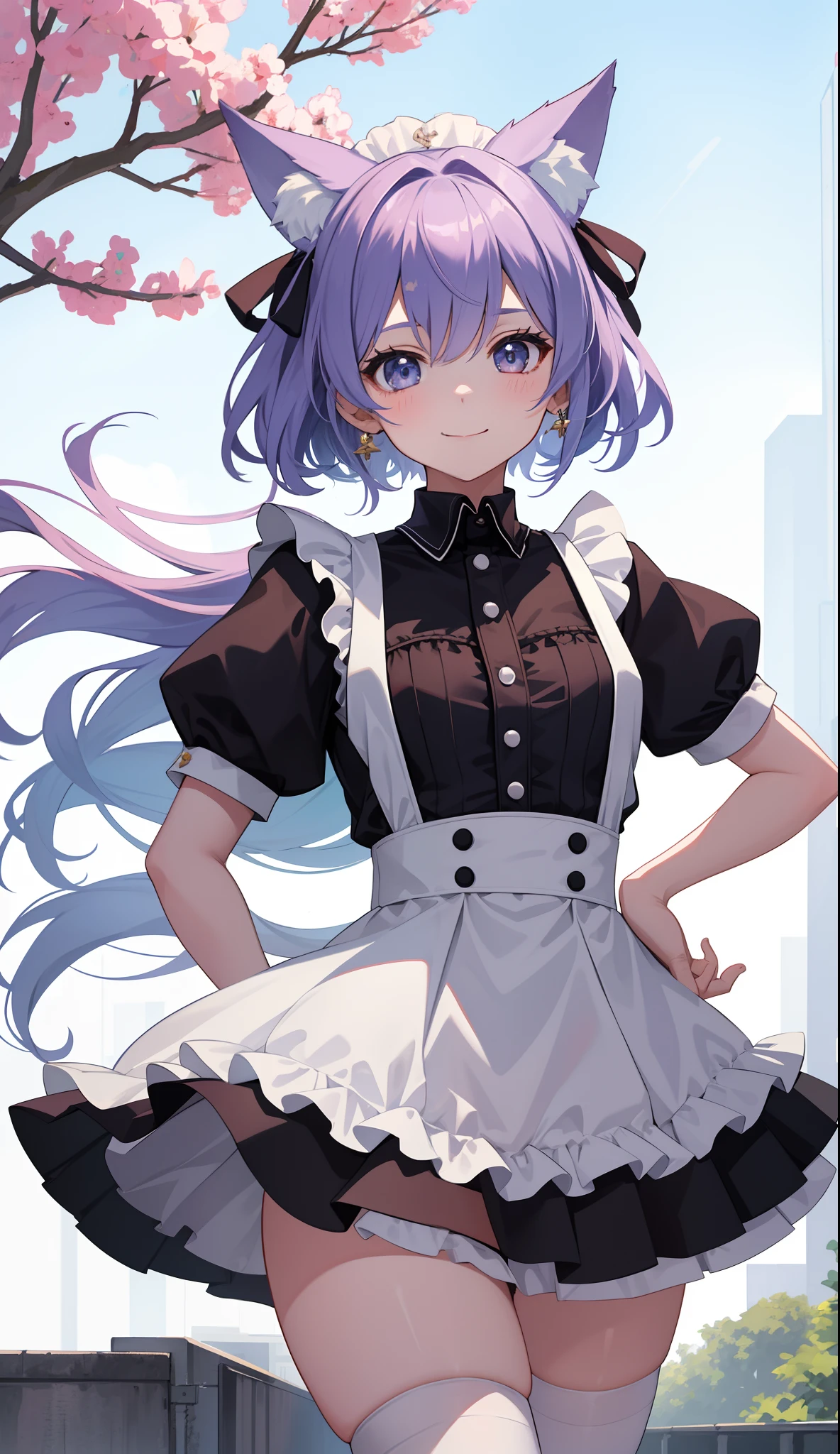 1girl in、AS-Adult、A smile、The shirt、Ultra mini skirt、pantiy、(small tits)、doress、pinafore、Hair decoration、(Maid costume)、Walking with a thigh、Upper body portrait、Fox ears、