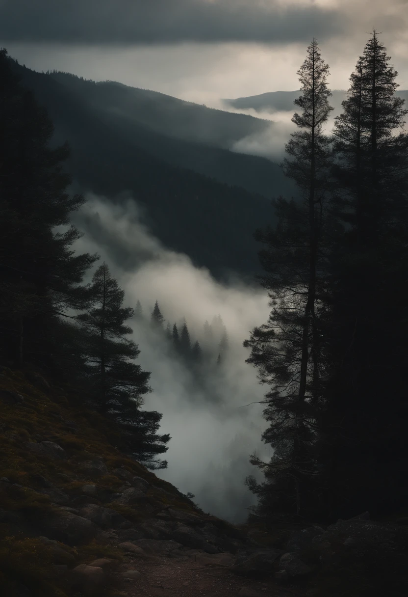 Pine forests, rivers and mountains on rainy days,master-piece,Sea of clouds,Fire Lamp