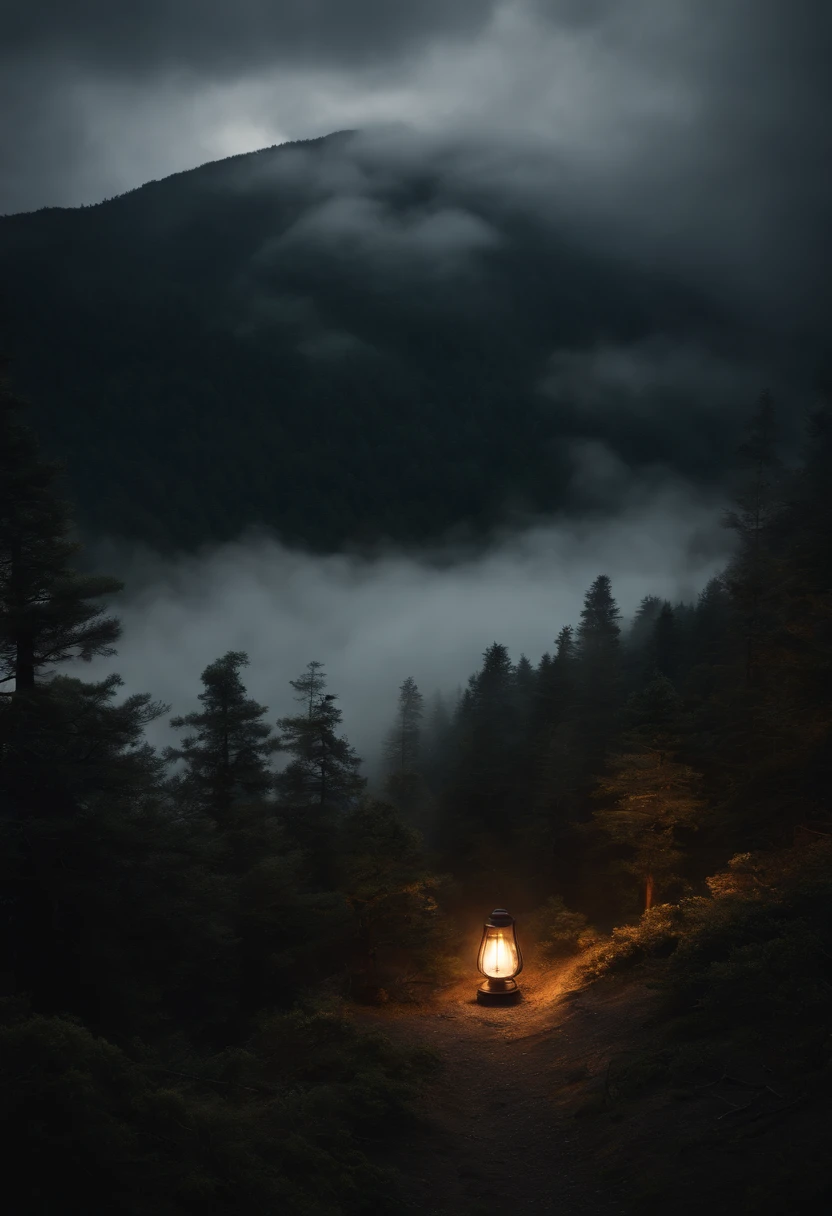Pine forests, rivers and mountains on rainy days,master-piece,Sea of clouds,Fire Lamp