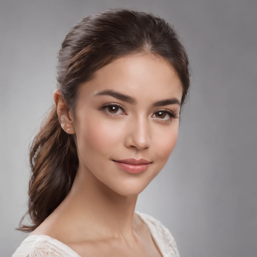 (Photo: 1.3) af (realism: 1.3), (Hispanic), Latina woman profile picture, (frontal close-up), soft light, clear face, happy, cheerful, warm light, white T-shirt, (off-white background), (blank background), (gray wall background)) avatar, (ponytail), smile, beautiful, young, short hair, smile, (close-up)