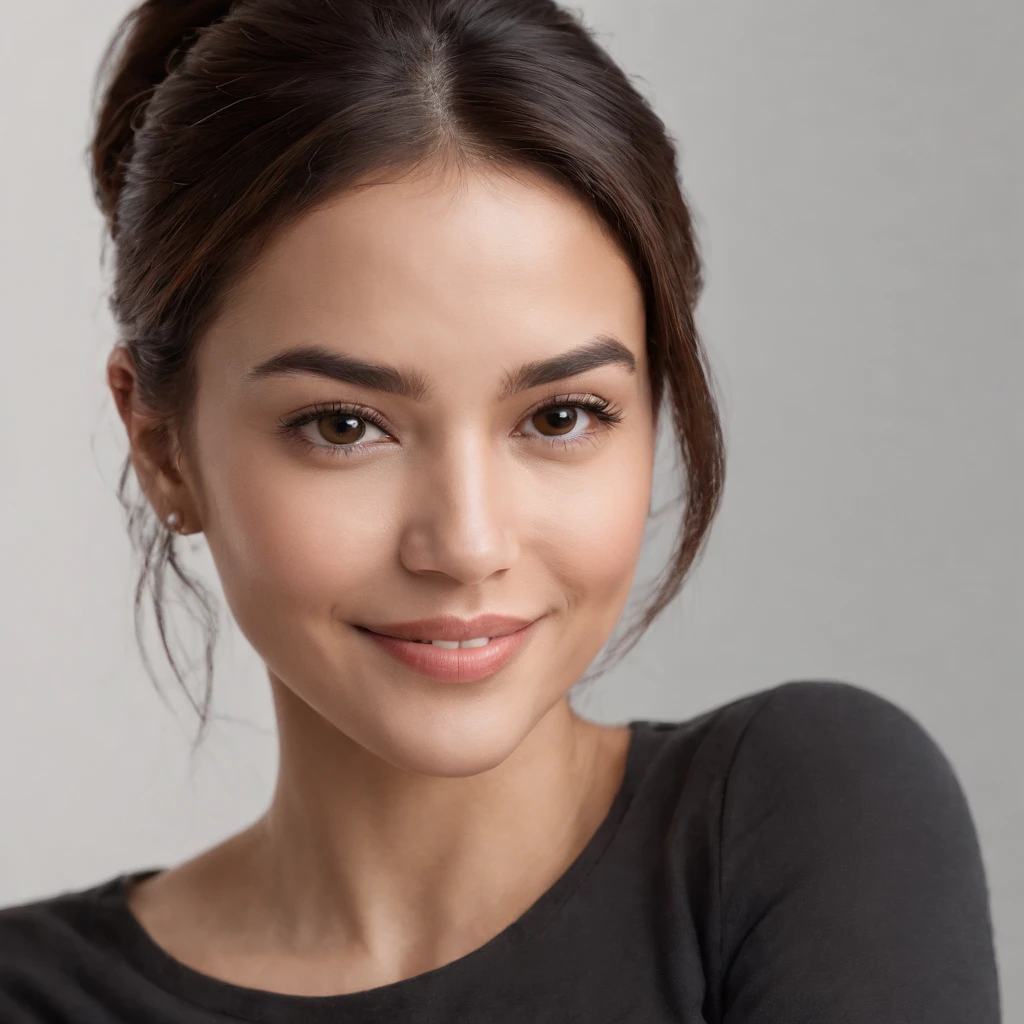 (Photo: 1.3) af (realism: 1.3), (Hispanic), Latina woman profile picture, (frontal close-up), soft light, clear face, happy, cheerful, warm light, white T-shirt, (off-white background), (blank background), (gray wall background)) avatar, (ponytail), smile, beautiful, young, short hair, smile, (close-up)