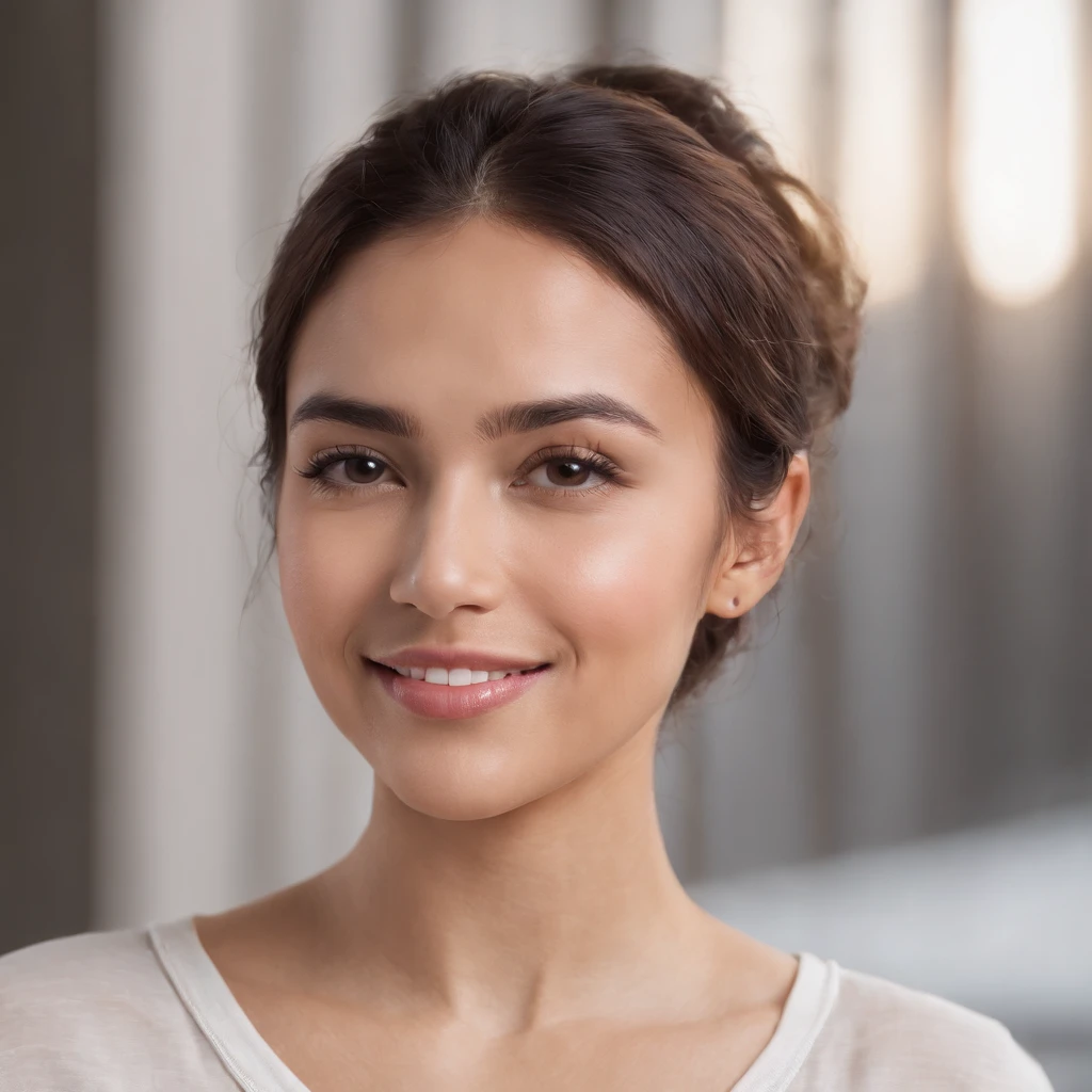 (Photo: 1.3) af (realism: 1.3), (Hispanic), Latina woman profile picture, (frontal close-up), soft light, clear face, happy, cheerful, warm light, white T-shirt, (off-white background), (blank background), (gray wall background)) avatar, (ponytail), smile, beautiful, young, short hair, smile, (close-up)