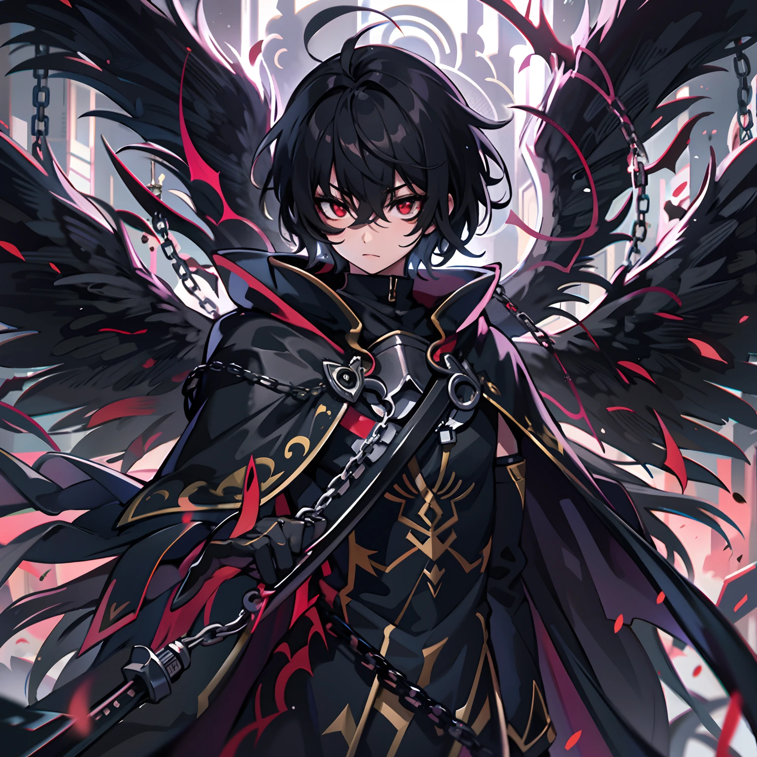 upper body, 1boy, black hair, short Haired, Red eyes, (Dark Lightning ArchAngel), Black Long hoodie Cape, Chained Sword, tunic, wallpaper, throne background, chain particles, (masterpiece), best quality, Black mouth mask, side-swept bangs, Top Quality, black large wing, one winged wing