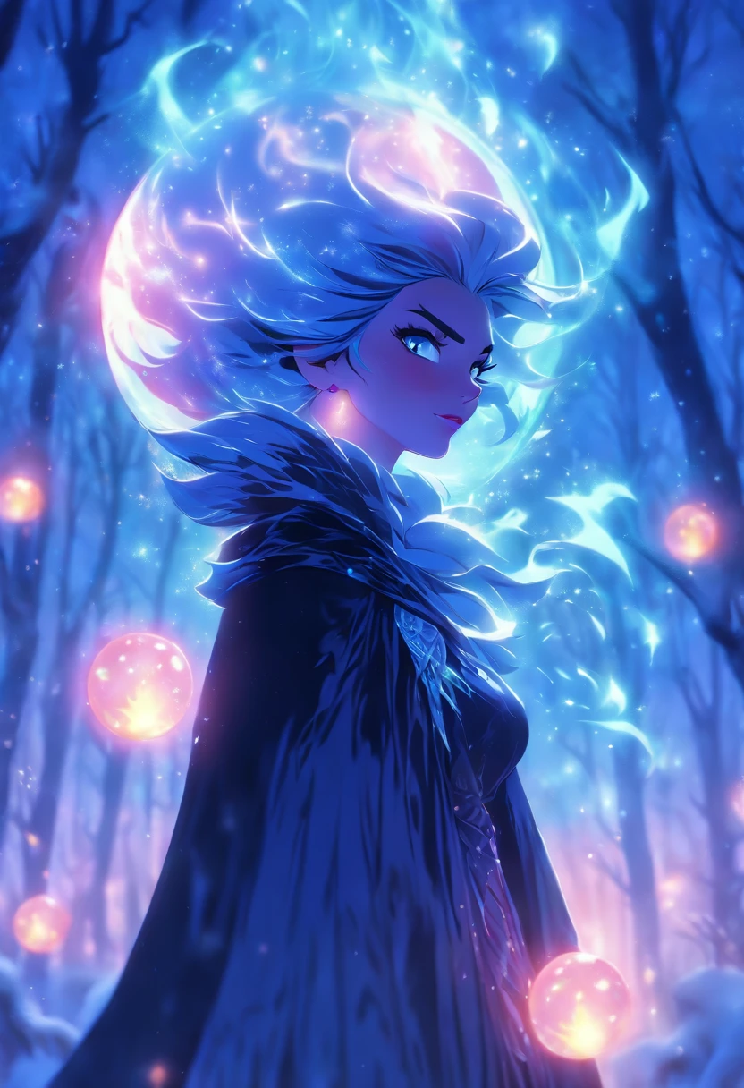 (best quality,4k,8k,highres,masterpiece:1.2),ultra-detailed,(realistic,photorealistic,photo-realistic:1.37),witch casting ice spells,blue hair,beautiful detailed eyes,detailed lips,magic circle of frost forming around her,outfit made of dark blue velvet and silver thread,dark forest background with snow-covered trees,magical aura surrounding the witch,icy cold breath visible in the air,mystical moonlight shining down,sparkling ice crystals floating in the air,hauntingly beautiful face,glowing blue tattoos on her arms and hands,frost-covered branches and leaves,wind blowing her hair and cloak,witch holding a staff with a crystal ball on top,icy blue light illuminating her surroundings,aurora borealis in the sky,ethereal mist swirling around,winter night atmosphere,frozen flowers blooming at her feet