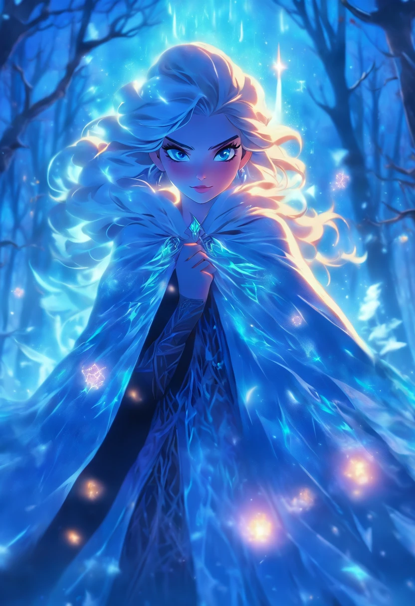 (best quality,4k,8k,highres,masterpiece:1.2),ultra-detailed,(realistic,photorealistic,photo-realistic:1.37),witch casting ice spells,blue hair,beautiful detailed eyes,detailed lips,magic circle of frost forming around her,outfit made of dark blue velvet and silver thread,dark forest background with snow-covered trees,magical aura surrounding the witch,icy cold breath visible in the air,mystical moonlight shining down,sparkling ice crystals floating in the air,hauntingly beautiful face,glowing blue tattoos on her arms and hands,frost-covered branches and leaves,wind blowing her hair and cloak,witch holding a staff with a crystal ball on top,icy blue light illuminating her surroundings,aurora borealis in the sky,ethereal mist swirling around,winter night atmosphere,frozen flowers blooming at her feet