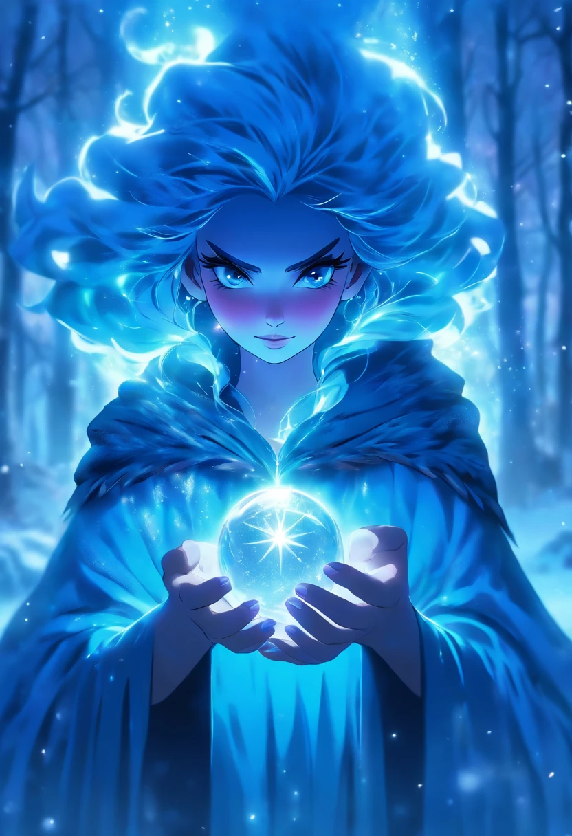 (best quality,4k,8k,highres,masterpiece:1.2),ultra-detailed,(realistic,photorealistic,photo-realistic:1.37),witch casting ice spells,blue hair,beautiful detailed eyes,detailed lips,magic circle of frost forming around her,outfit made of dark blue velvet and silver thread,dark forest background with snow-covered trees,magical aura surrounding the witch,icy cold breath visible in the air,mystical moonlight shining down,sparkling ice crystals floating in the air,hauntingly beautiful face,glowing blue tattoos on her arms and hands,frost-covered branches and leaves,wind blowing her hair and cloak,witch holding a staff with a crystal ball on top,icy blue light illuminating her surroundings,aurora borealis in the sky,ethereal mist swirling around,winter night atmosphere,frozen flowers blooming at her feet