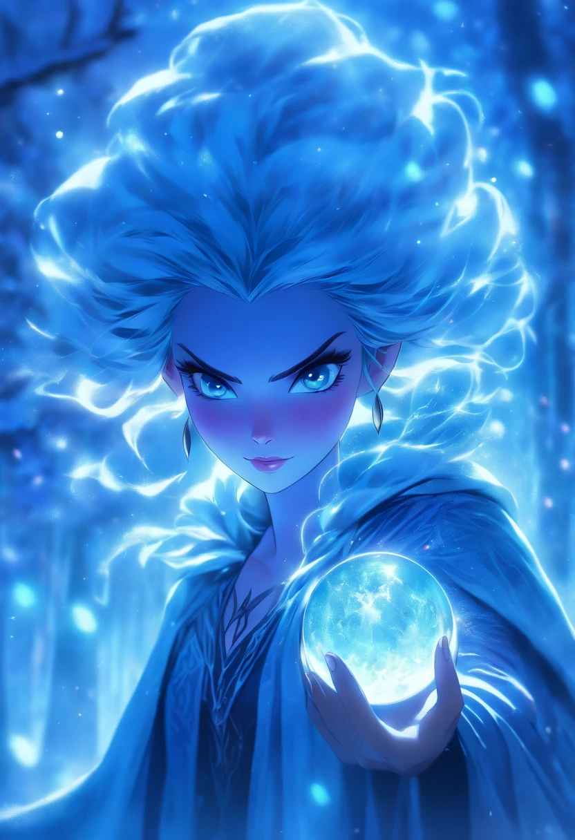 (best quality,4k,8k,highres,masterpiece:1.2),ultra-detailed,(realistic,photorealistic,photo-realistic:1.37),witch casting ice spells,blue hair,beautiful detailed eyes,detailed lips,magic circle of frost forming around her,outfit made of dark blue velvet and silver thread,dark forest background with snow-covered trees,magical aura surrounding the witch,icy cold breath visible in the air,mystical moonlight shining down,sparkling ice crystals floating in the air,hauntingly beautiful face,glowing blue tattoos on her arms and hands,frost-covered branches and leaves,wind blowing her hair and cloak,witch holding a staff with a crystal ball on top,icy blue light illuminating her surroundings,aurora borealis in the sky,ethereal mist swirling around,winter night atmosphere,frozen flowers blooming at her feet