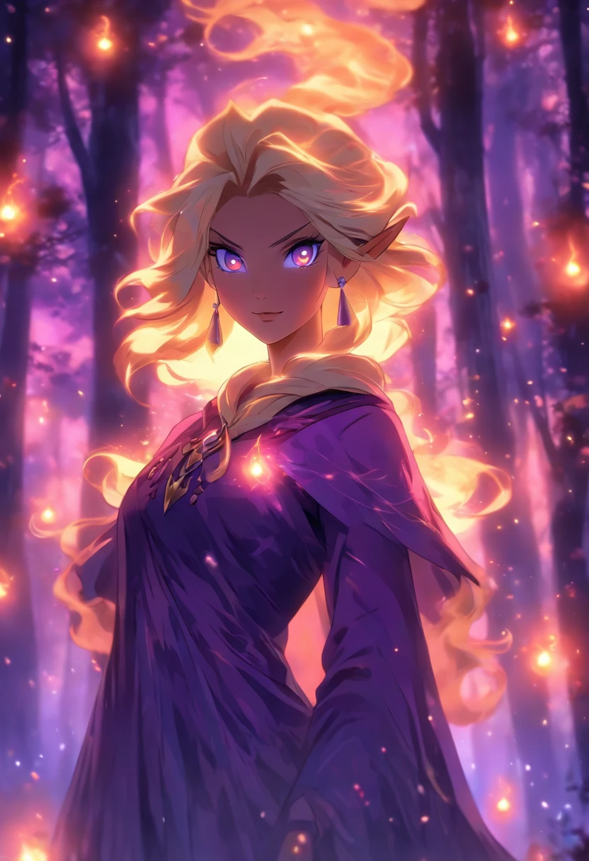 (best quality, highres, ultra-detailed, realistic:1.37), female, glowing purple eyes, long flowing blonde hair, witch, goddess, casting glowing spells, mystical fantasy woods, evil smirk, enchanted atmosphere, hauntingly beautiful, ethereal, dark magic, mesmerizing, captivating, mysterious aura, wisps of magic, moonlit glimmer, ancient power, bewitching presence, enchanting glow, intricate spellcasting, swirling energy, mystical symbols, surreal landscape, majestic trees, vibrant foliage, moonlight filtering through the branches, flickering lights, magical creatures, enchanting melodies, otherworldly whispers, ethereal haze, divinely powerful, aura of darkness, enchanting beauty, spellbinding gaze, magical essence, intoxicating charm, femme fatale, mythical realm, hauntingly seductive, spellbound onlookers