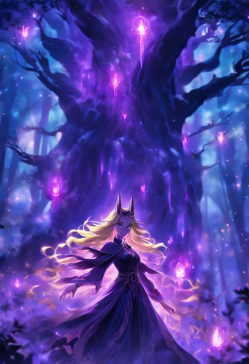 (best quality, highres, ultra-detailed, realistic:1.37), female, glowing purple eyes, long flowing blonde hair, witch, goddess, casting glowing spells, mystical fantasy woods, evil smirk, enchanted atmosphere, hauntingly beautiful, ethereal, dark magic, mesmerizing, captivating, mysterious aura, wisps of magic, moonlit glimmer, ancient power, bewitching presence, enchanting glow, intricate spellcasting, swirling energy, mystical symbols, surreal landscape, majestic trees, vibrant foliage, moonlight filtering through the branches, flickering lights, magical creatures, enchanting melodies, otherworldly whispers, ethereal haze, divinely powerful, aura of darkness, enchanting beauty, spellbinding gaze, magical essence, intoxicating charm, femme fatale, mythical realm, hauntingly seductive, spellbound onlookers