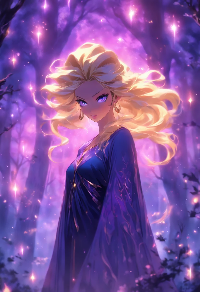 (best quality, highres, ultra-detailed, realistic:1.37), female, glowing purple eyes, long flowing blonde hair, witch, goddess, casting glowing spells, mystical fantasy woods, evil smirk, enchanted atmosphere, hauntingly beautiful, ethereal, dark magic, mesmerizing, captivating, mysterious aura, wisps of magic, moonlit glimmer, ancient power, bewitching presence, enchanting glow, intricate spellcasting, swirling energy, mystical symbols, surreal landscape, majestic trees, vibrant foliage, moonlight filtering through the branches, flickering lights, magical creatures, enchanting melodies, otherworldly whispers, ethereal haze, divinely powerful, aura of darkness, enchanting beauty, spellbinding gaze, magical essence, intoxicating charm, femme fatale, mythical realm, hauntingly seductive, spellbound onlookers