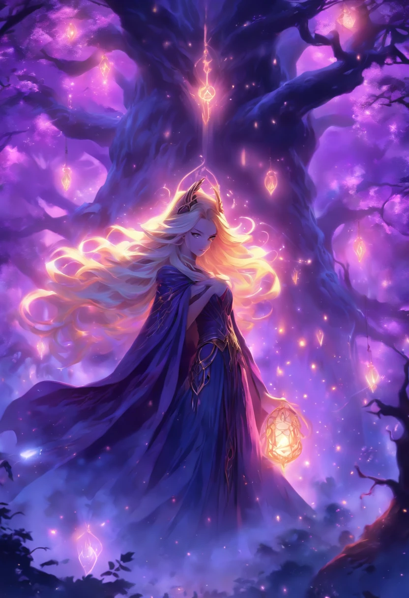 (best quality, highres, ultra-detailed, realistic:1.37), female, glowing purple eyes, long flowing blonde hair, witch, goddess, casting glowing spells, mystical fantasy woods, evil smirk, enchanted atmosphere, hauntingly beautiful, ethereal, dark magic, mesmerizing, captivating, mysterious aura, wisps of magic, moonlit glimmer, ancient power, bewitching presence, enchanting glow, intricate spellcasting, swirling energy, mystical symbols, surreal landscape, majestic trees, vibrant foliage, moonlight filtering through the branches, flickering lights, magical creatures, enchanting melodies, otherworldly whispers, ethereal haze, divinely powerful, aura of darkness, enchanting beauty, spellbinding gaze, magical essence, intoxicating charm, femme fatale, mythical realm, hauntingly seductive, spellbound onlookers