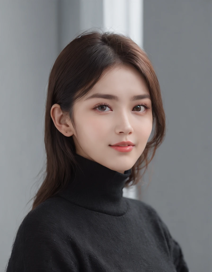 ((Side view)),(Masterpiece:1.3), (8K, Photorealistic, RAW photo, Best quality: 1.4), White background ,Kaihuai, Be happy, Show your teeth,(1girll), Beautiful face, (Realistic face), (Black hair, Short hair:1.3), Beautiful hairstyle, Realistic eyes, Beautiful detailed eyes, (Realistic skin), Beautiful skin, (Black sweater), absurderes, Attractive, 超高分辨率, Ultra photo realsisim, Highly detailed, Golden ratio
