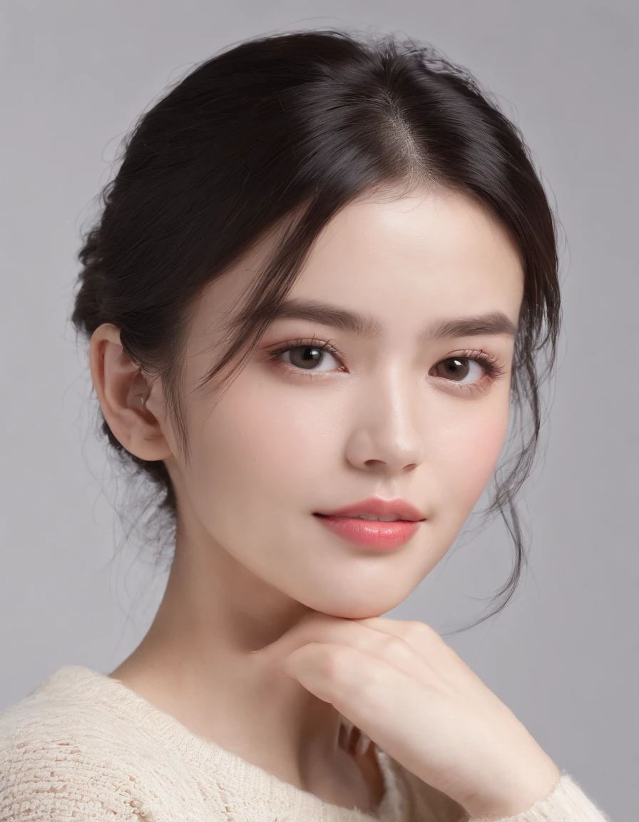 ((Side view)),(Masterpiece:1.3), (8K, Photorealistic, RAW photo, Best quality: 1.4), White background ,Kaihuai, Be happy, Show your teeth,(1girll), Beautiful face, (Realistic face), (Black hair, Short hair:1.3), Beautiful hairstyle, Realistic eyes, Beautiful detailed eyes, (Realistic skin), Beautiful skin, (Black sweater), absurderes, Attractive, 超高分辨率, Ultra photo realsisim, Highly detailed, Golden ratio