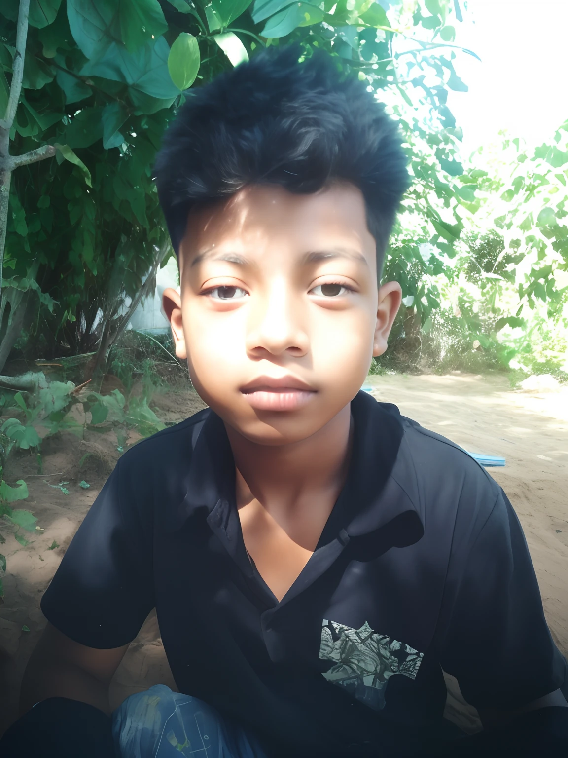 there is a young boy sitting in the dirt with a black shirt, ayan nag, potrait, nivanh chanthara, young boy, portait image, riyahd cassiem, boy with neutral face, protrait, help me, 1 5 years old, with kind face, around 1 6 years old, face picture, boy has short black hair