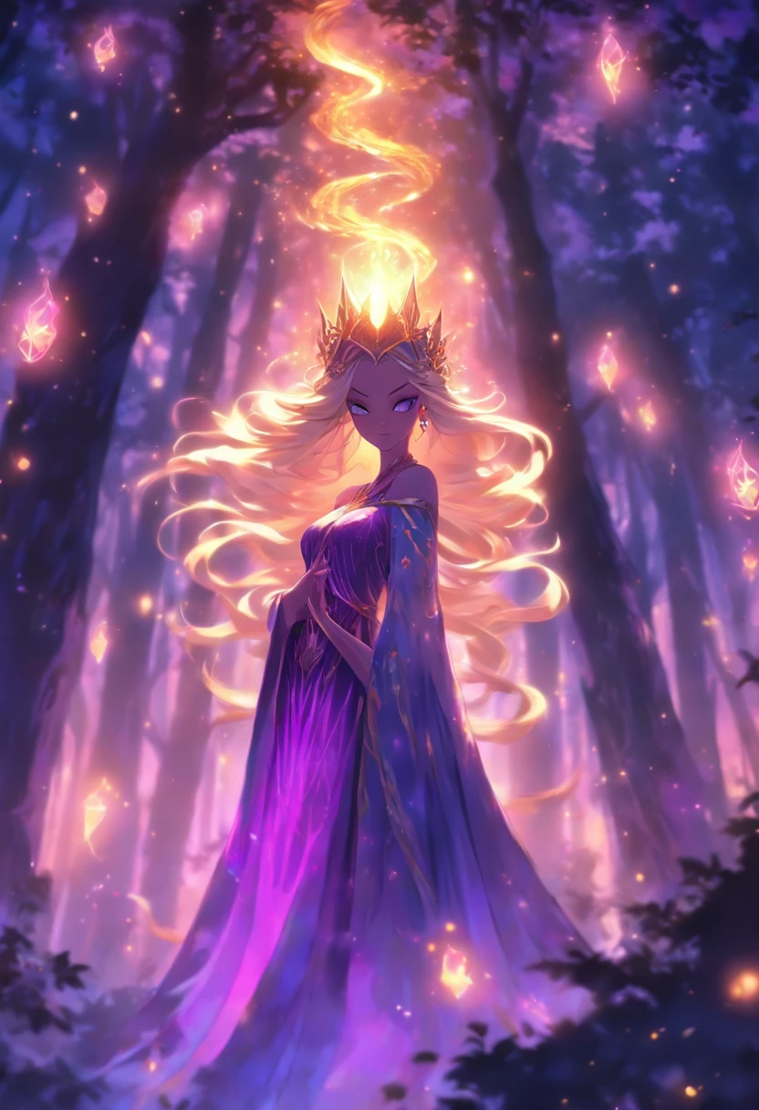 (best quality, highres, ultra-detailed, realistic:1.37), female, glowing purple eyes, long flowing blonde hair, witch, goddess, casting glowing spells, mystical fantasy woods, evil smirk, enchanted atmosphere, hauntingly beautiful, ethereal, dark magic, mesmerizing, captivating, mysterious aura, wisps of magic, moonlit glimmer, ancient power, bewitching presence, enchanting glow, intricate spellcasting, swirling energy, mystical symbols, surreal landscape, majestic trees, vibrant foliage, moonlight filtering through the branches, flickering lights, magical creatures, enchanting melodies, otherworldly whispers, ethereal haze, divinely powerful, aura of darkness, enchanting beauty, spellbinding gaze, magical essence, intoxicating charm, femme fatale, mythical realm, hauntingly seductive, spellbound onlookers