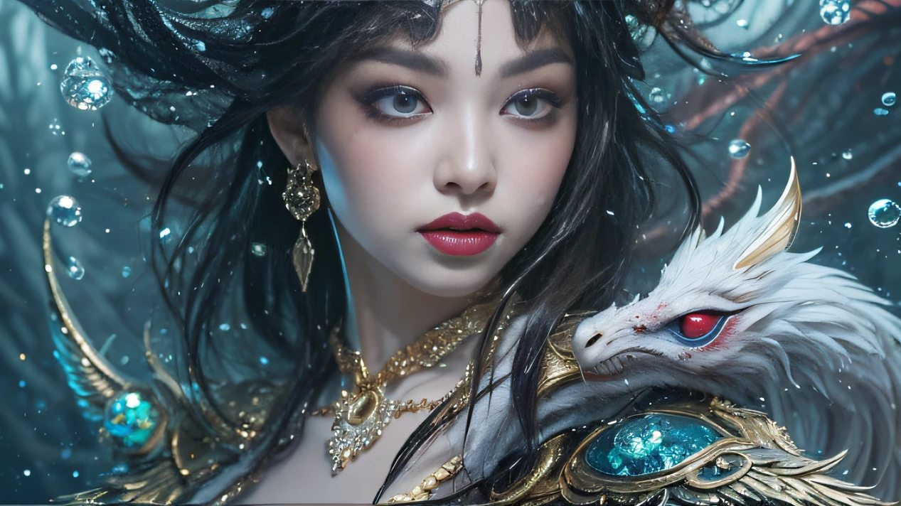 water,Blood,Night, Dark, (fantasy),unlimited,Black gold marble in the snow,Black eyeballs,Water flow hood,((Black eyes)), (((Best quality))),((Beautiful fine eyes)),(eyeslashes)、A fairy riding a mythical beast、(1 fairy)、Black hair、cabelos preto e longos、The black eye of the abyss、Rouge skin、multicolor(Huge water droplets)、Golden robes、Tattered fabric、Realistic coat、、crystal、Super delicate CG Unity 32k wallpaper、tmasterpiece, ((ultra - detailed)), ((illustratio)),Extremely colorful,the wallpaper,energy,Unknown terror,mind bending,Around water technology,Magical environment,Guns and sticks,Boken,Flight page,Know it all,Predicting the future、Learn about the past、Infinite wisdom、Blue Flame、Warlock、(((Asian people)))(Buble)(multicolor)((full bodyesbian))