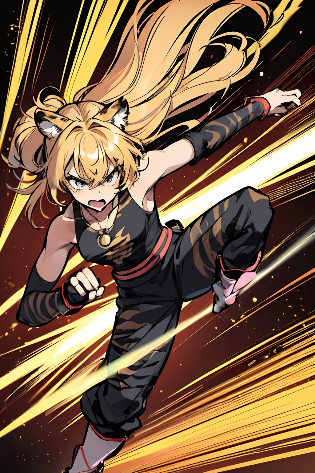 20yo 1girl, solo, (angry:1.2), small chest, (muscular:1.2), (blonde long hair, tiger print bang:1.2), (tiger ears, locket necklace, triangle locket:1.2), (tiger print long pant, tiger print elbow gloves, black knee boot:1.2),(fighting stance, kung fu, kung hu pose, kung fu action, dynamic angle, battle, The girl is attacking at great speed, high speed action, the girl is moving at great speed, afterimage:1.4), ( light particles, motion lines, speed lines, motion blur, The girl's hair flutter wildly in the wind, high speed:1.4), (fantasy, rubble, Burning, medieval European fantasy world:1.4), BREAK from below