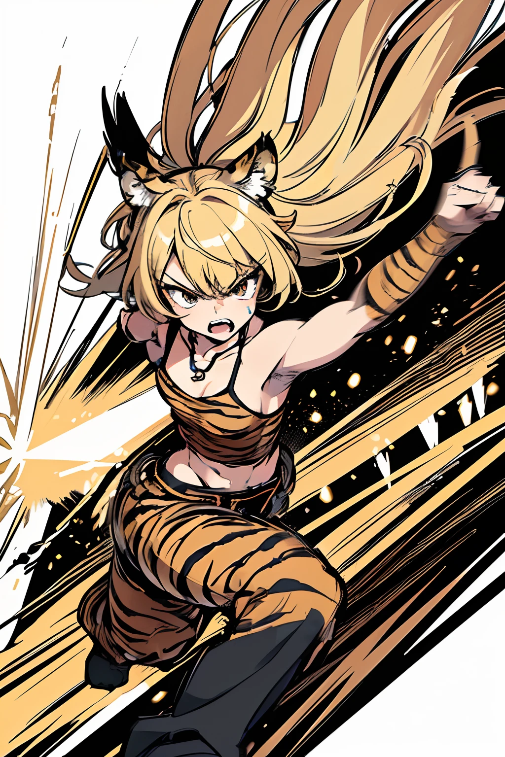 master-piece,hyper quality, hyper detailed,perfect drawing,1 beautiful girl, tiger print bikini, tiger ears, tiger tail, tiger palm, tiger paws, tiger fingers, sharp claws, sharp fangs, hunter's eyes aiming at prey, black and blonde mesh, sharp eyes, height 177cm, three sizes B95W60H90, kneeling, pow pause