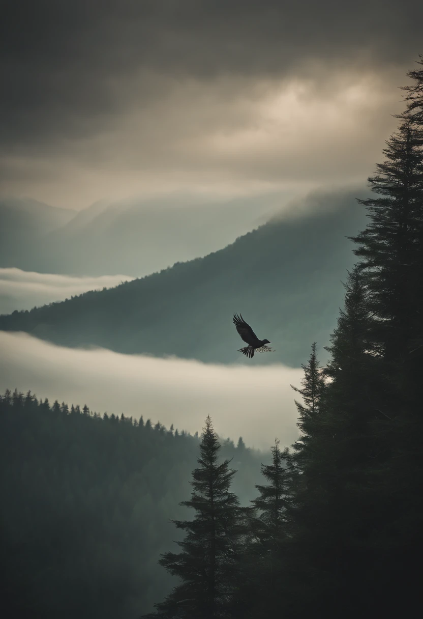 A bird that flies alone.,lonely,Pine forests, rivers and mountains on rainy days,master-piece,Sea of clouds