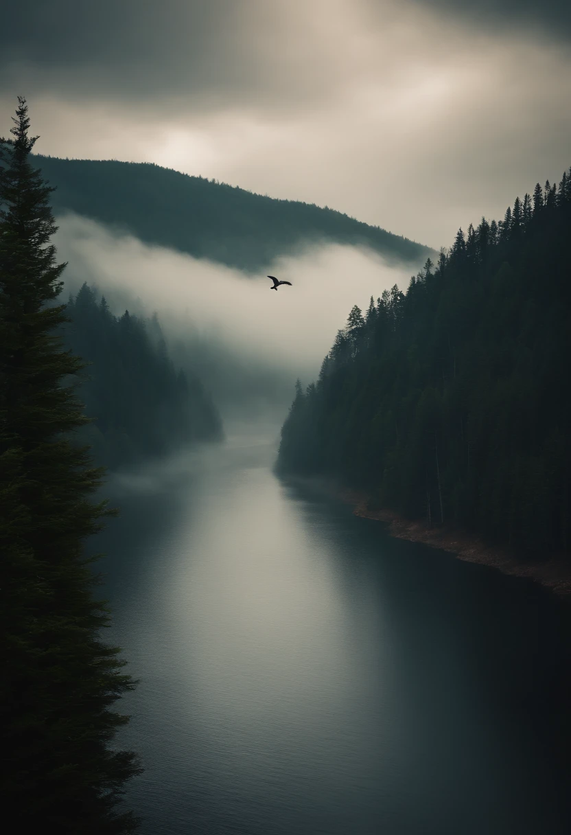 A bird that flies alone.,lonely,Pine forests, rivers and mountains on rainy days,master-piece,Sea of clouds
