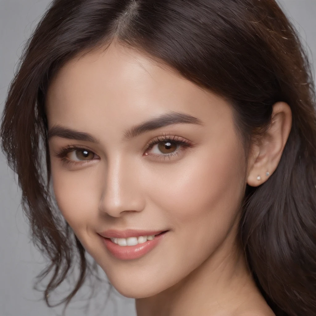 (Photo: 1.3) af (realism: 1.3), (Hispanic), Latina woman profile picture, (frontal close-up), soft light, clear face, happy, cheerful, warm light, white T-shirt, (off-white background), (blank background), (gray wall background)) avatar, (blunt bangs, younger sister's head), smile, beautiful, young, short hair, smile, (close-up)