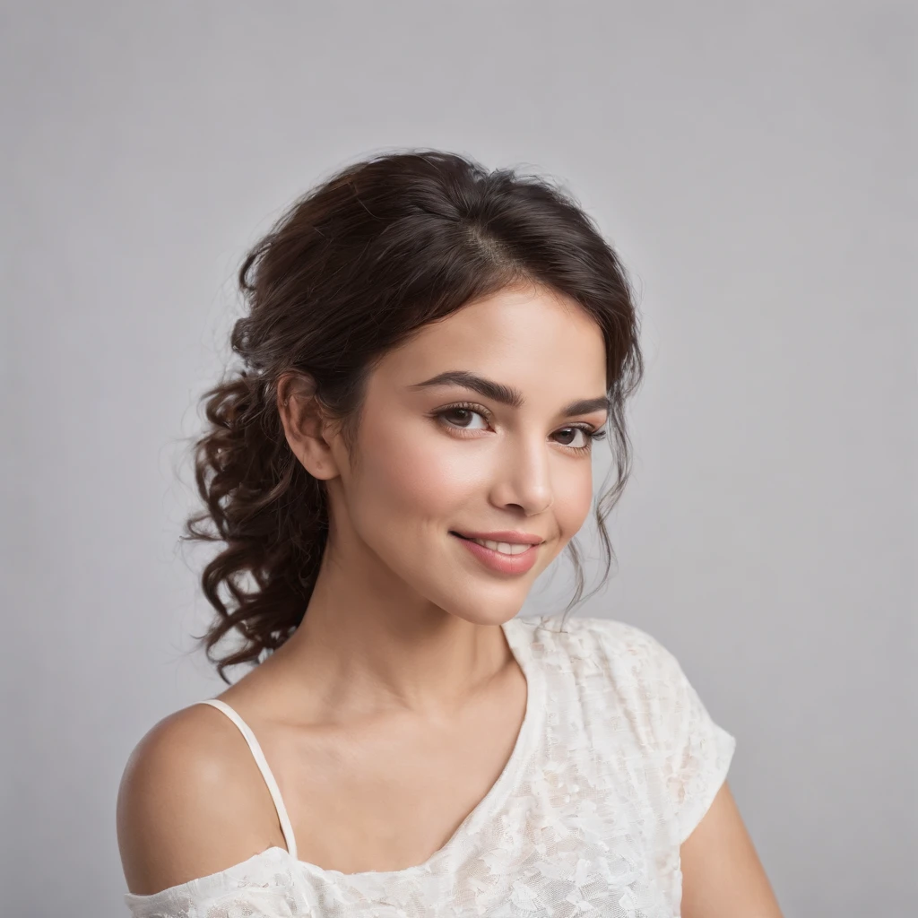 (Photo: 1.3) af (realism: 1.3), (Hispanic), Latina woman profile picture, (frontal close-up), soft light, clear face, happy, cheerful, warm light, white T-shirt, (off-white background), (blank background), (gray wall background)) avatar, (curly hair), smile, beautiful, young, short hair, smile, (close-up)