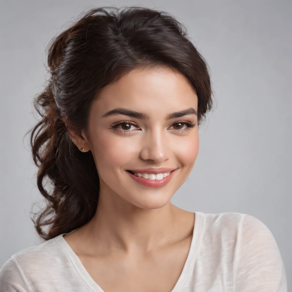 (Photo: 1.3) af (realism: 1.3), (Hispanic), Latina woman profile picture, (frontal close-up), soft light, clear face, happy, cheerful, warm light, white T-shirt, (off-white background), (blank background), (gray wall background)) avatar, (curly hair), smile, beautiful, young, short hair, smile, (close-up)
