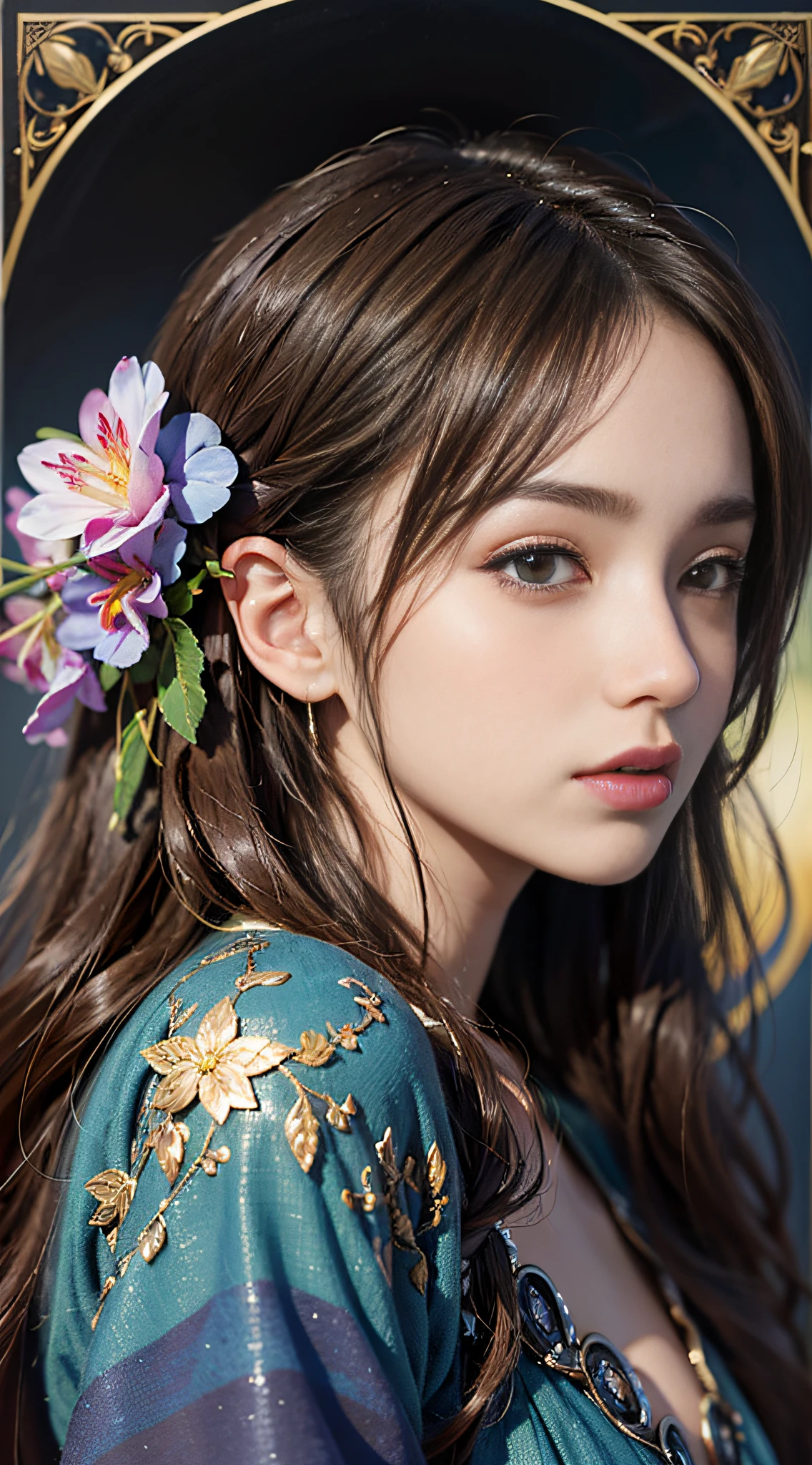 (Front focus),(in the darkness nigth:1.6),Surrealist portraits of women by David Hockney and Alphonse Mucha,Fantasyart,photographrealistic,动态照明,art stations,poster for,Volumetriclighting,Very detailed faces,4 k'',Award-Awarded, 1girll, In the dark, deepshadow, low tune, (official clothes:1.4), long whitr hair, brunette color hair,gentle,Random actions,Close-up,noble attire