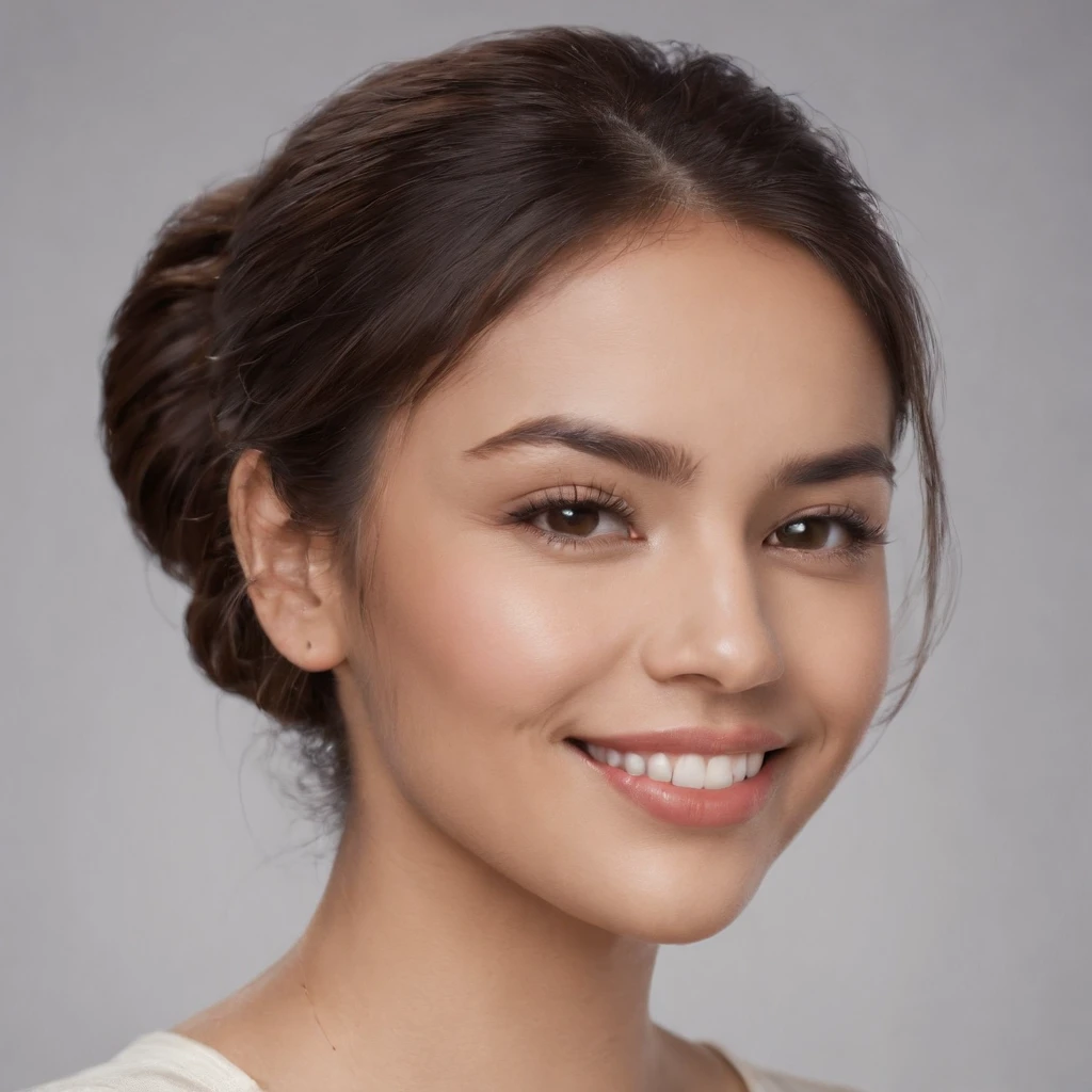 (Photo: 1.3) af (realism: 1.3), (Hispanic), Latina woman profile picture, (frontal close-up), soft light, clear face, happy, cheerful, warm light, white T-shirt, (off-white background), (blank background), (gray wall background)) avatar, (ponytail), smile, beautiful, young, short hair, smile, (close-up)