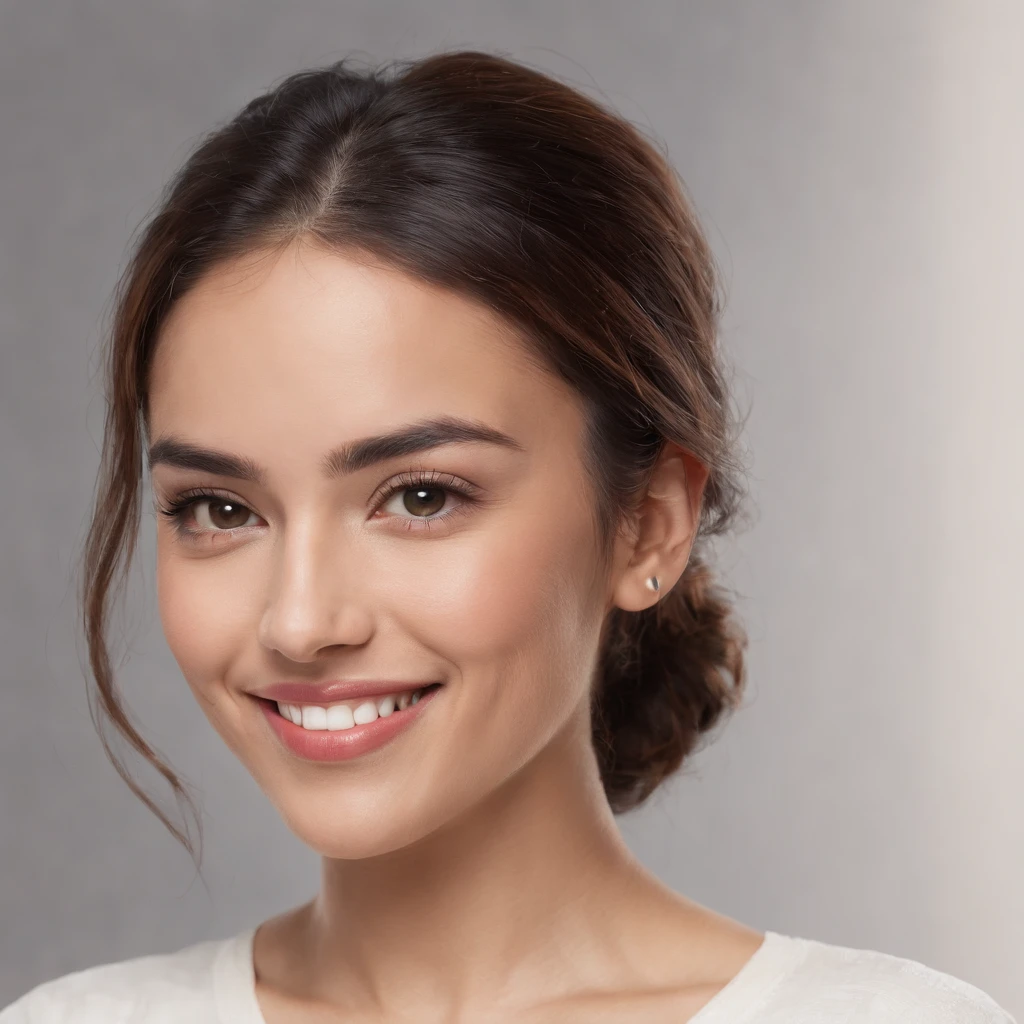 (Photo: 1.3) af (realism: 1.3), (Hispanic), Latina woman profile picture, (frontal close-up), soft light, clear face, happy, cheerful, warm light, white T-shirt, (off-white background), (blank background), (gray wall background)) avatar, (ponytail), smile, beautiful, young, short hair, smile, (close-up)