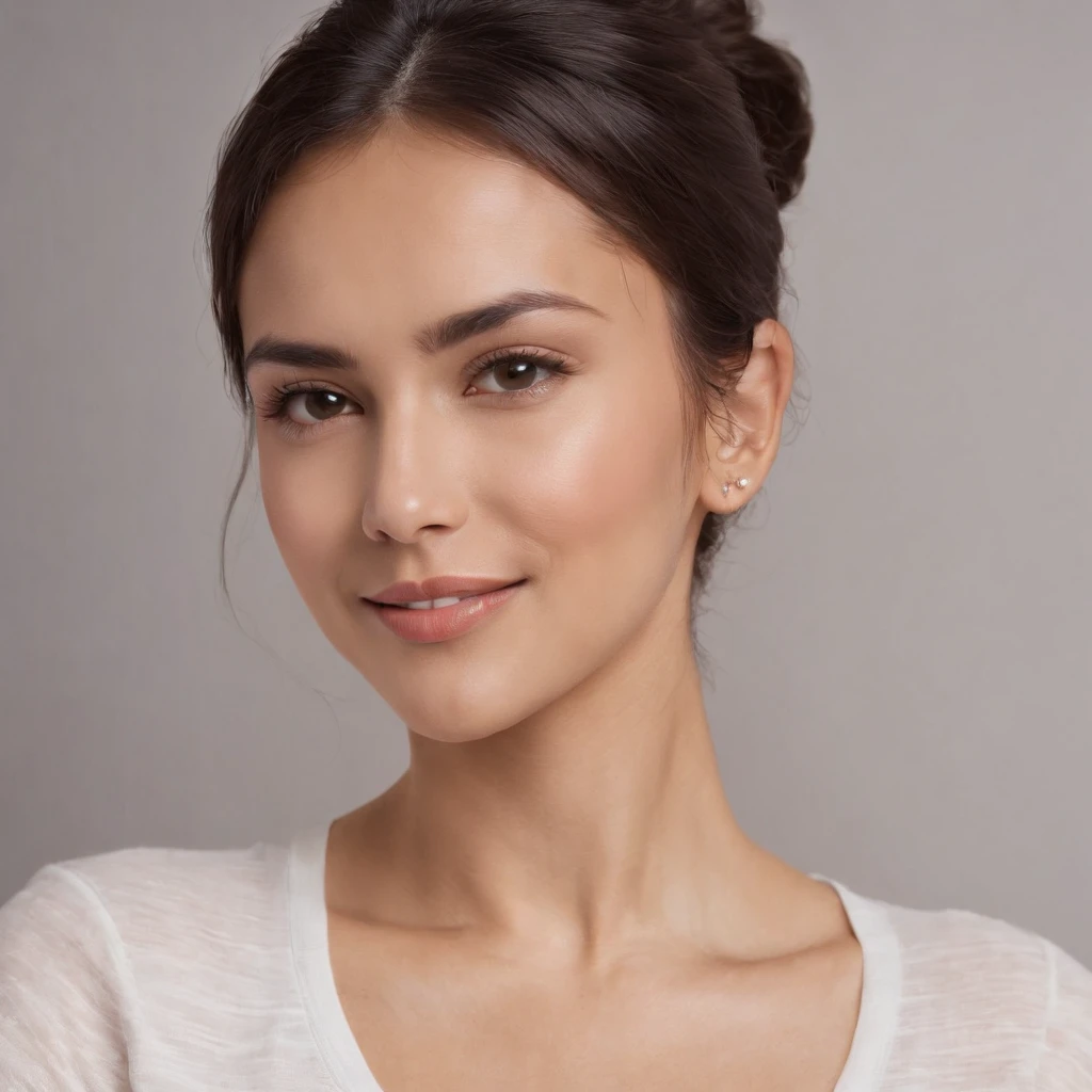 (Photo: 1.3) af (realism: 1.3), (Hispanic), Latina woman profile picture, (frontal close-up), soft light, clear face, happy, cheerful, warm light, white T-shirt, (off-white background), (blank background), (gray wall background)) avatar, (ponytail), smile, beautiful, young, short hair, smile, (close-up)