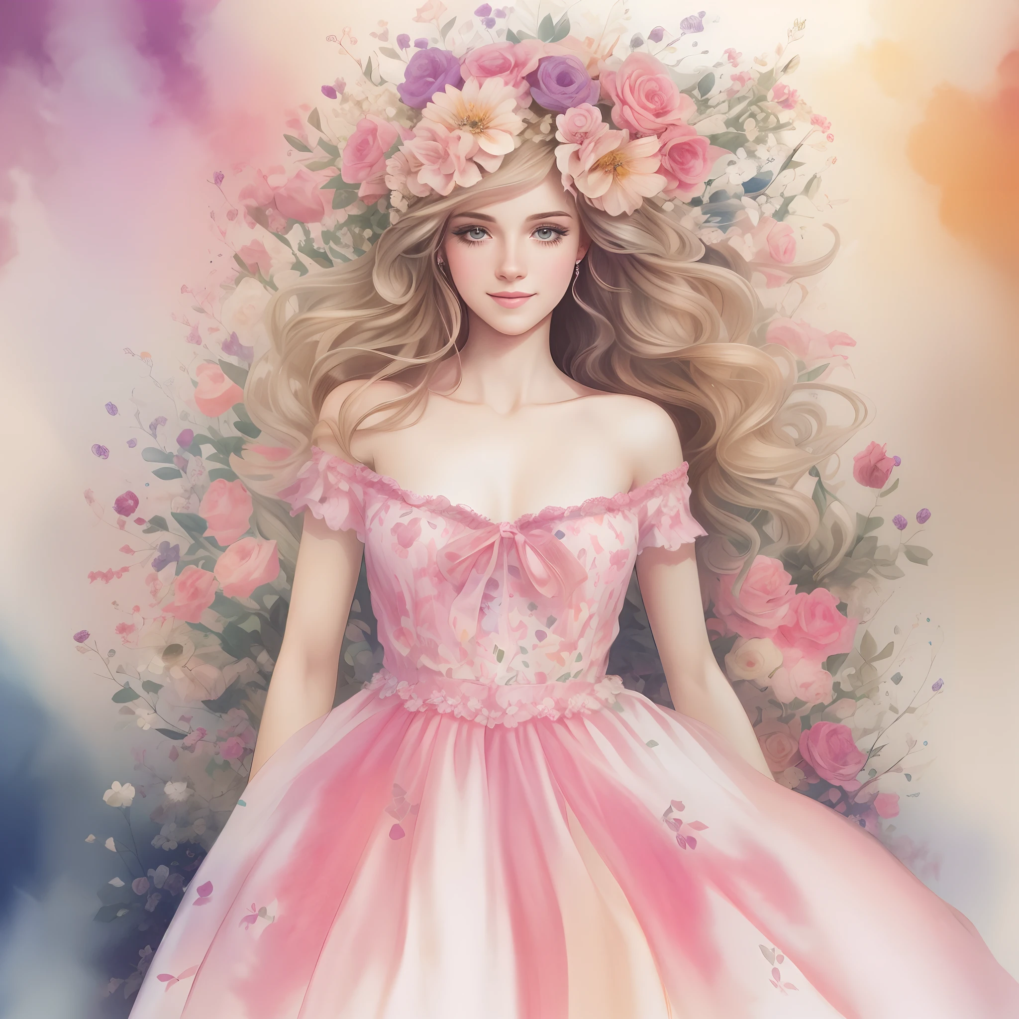 um desenho de uma mulher sorrindo com longos cabelos amarelos e uma camisola cor-de-rosa, long braided blonde hair, cabelo longo loiro, Estilo de desenho bonito, cabelo de camomila, cabelo amarelo, estilo de arte impressionante, cabelo longo loiro, girl with plaits, retrato do cabelo loiro da mulher, cabelo loiro, cabelo loiro, longos cabelos loiros claros, detailed fashion illustration, cor amarelo, ela tem cabelo loiro