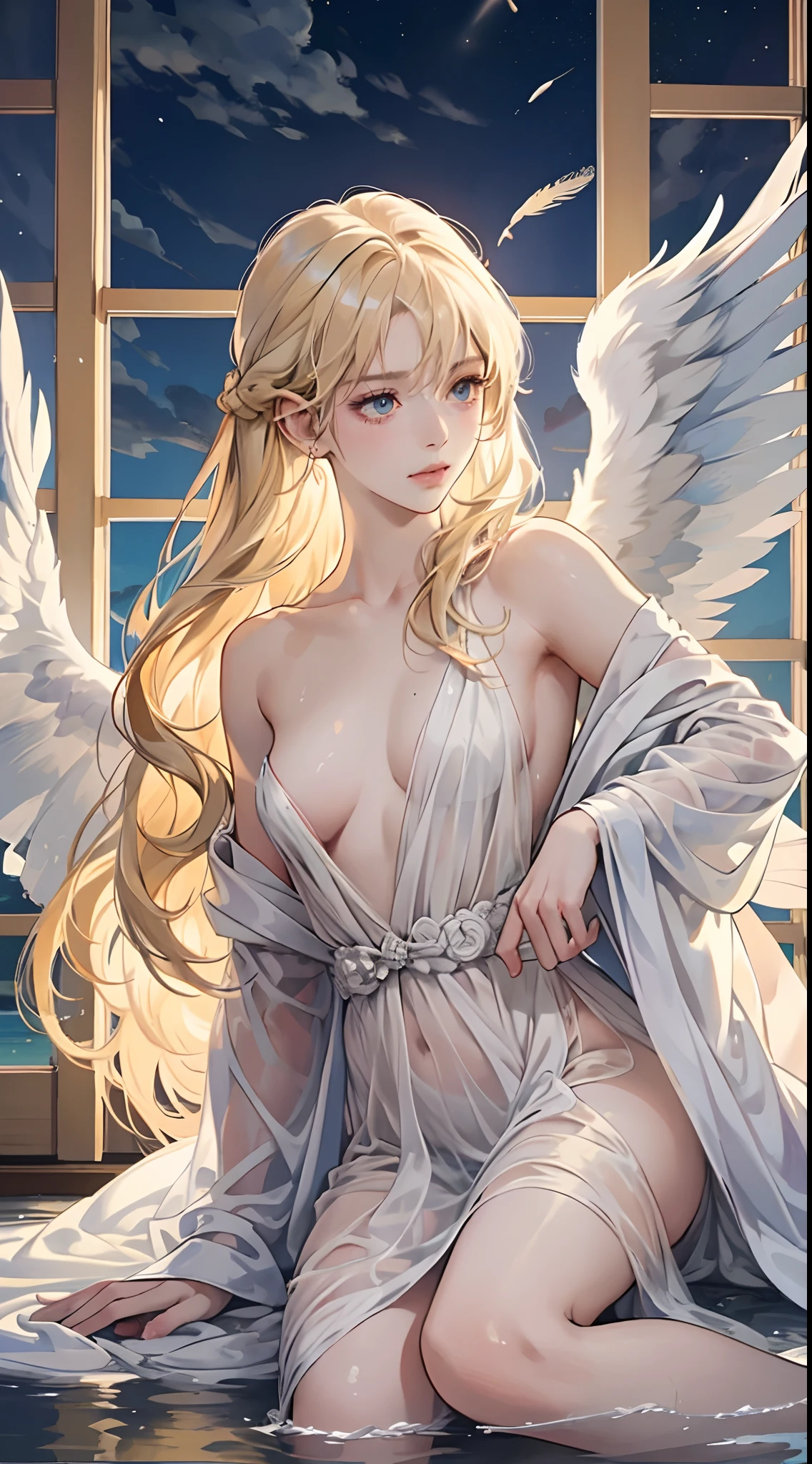 masterpiece, best quality, realistic, 1 woman, angel, angel girl, naked, very long blonde hair, feathers wings, lovely eyes, tight outfit, sky, clouds, window, night, sakimichan frank franzzeta, delicate androgynous princess, heise jinyao, wet body, water dropped on her body, hot scene