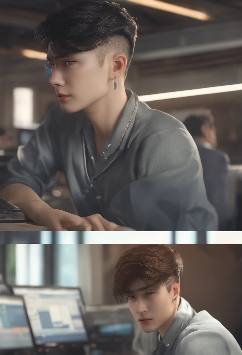 (((Masterpiece))), Top quality, Super detailed, Male classmate with thick eyebrows，Repair the computer in the wiring room，My face was covered in sweat