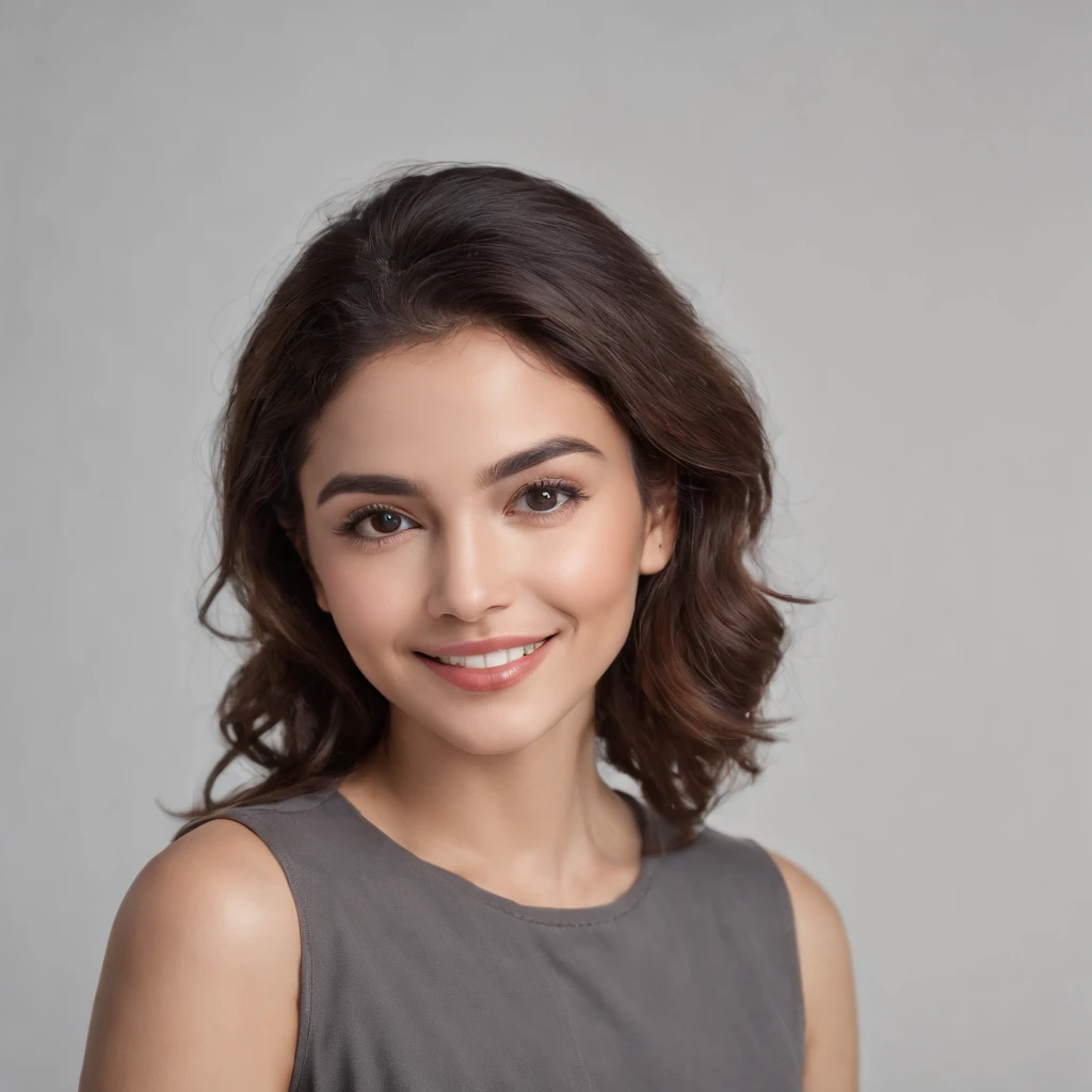 (Photo: 1.3) af (realism: 1.3), (Hispanic), Latina woman profile picture, (frontal close-up), soft light, clear face, happy, cheerful, warm light, white T-shirt, (off-white background), (blank background), (gray wall background)) avatar, (curly hair), smile, beautiful, young, short hair, smile, (close-up)