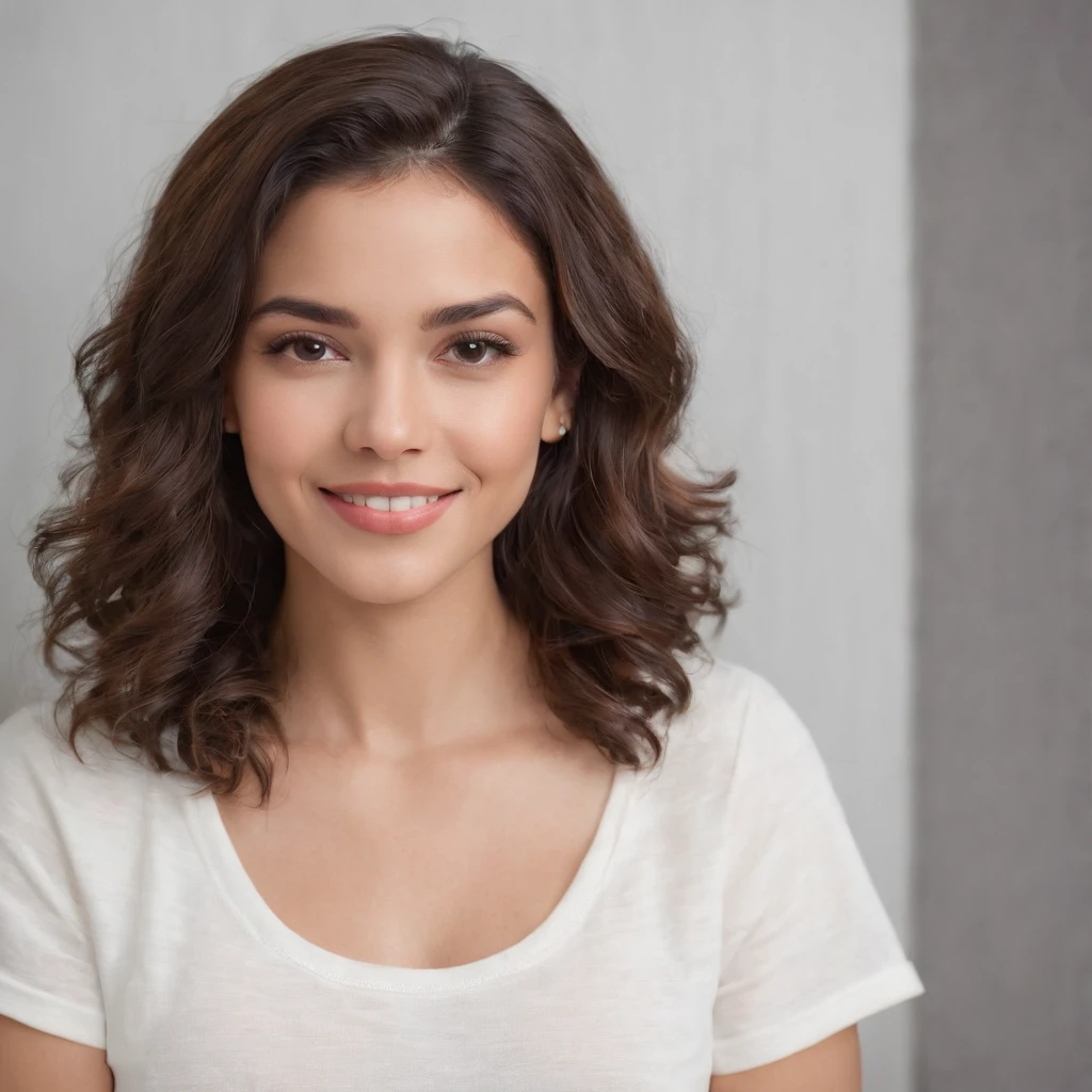 (Photo: 1.3) af (realism: 1.3), (Hispanic), Latina woman profile picture, (frontal close-up), soft light, clear face, happy, cheerful, warm light, white T-shirt, (off-white background), (blank background), (gray wall background)) avatar, (curly hair), smile, beautiful, young, short hair, smile, (close-up)