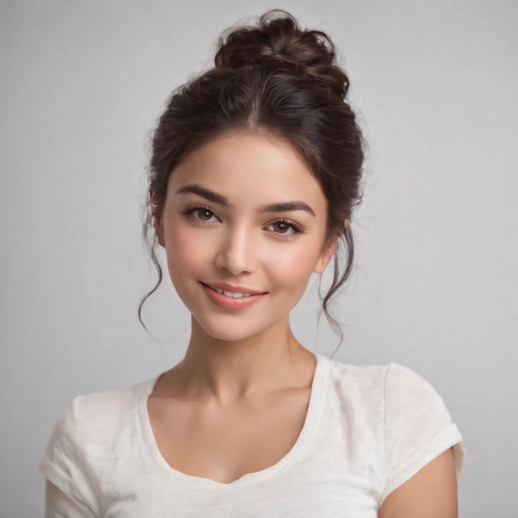 (Photo: 1.3) af (realism: 1.3), (Hispanic), Latina woman profile picture, (frontal close-up), soft light, clear face, happy, cheerful, warm light, white T-shirt, (off-white background), (blank background), (gray wall background)) avatar, (curly hair), smile, beautiful, young, short hair, smile, (close-up)