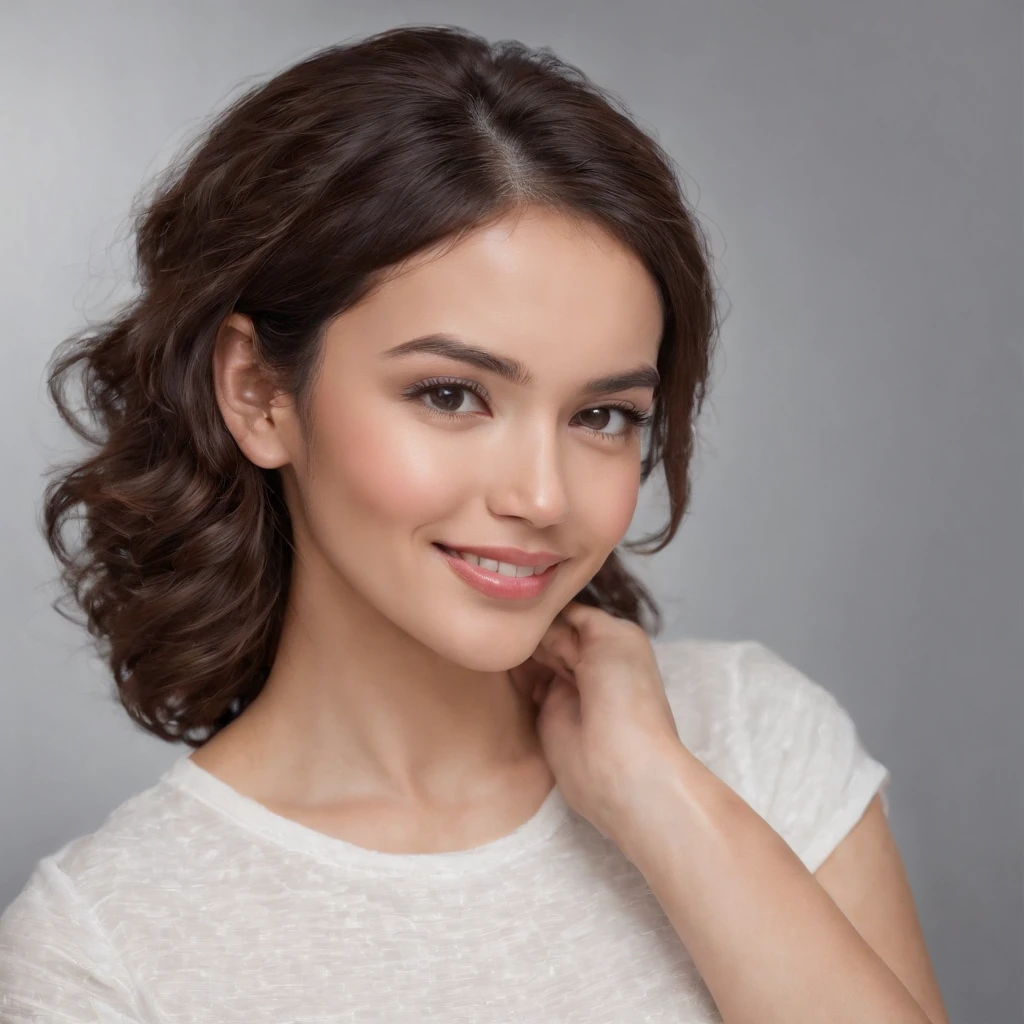 (Photo: 1.3) af (realism: 1.3), (Hispanic), Latina woman profile picture, (frontal close-up), soft light, clear face, happy, cheerful, warm light, white T-shirt, (off-white background), (blank background), (gray wall background)) avatar, (curly hair), smile, beautiful, young, short hair, smile, (close-up)