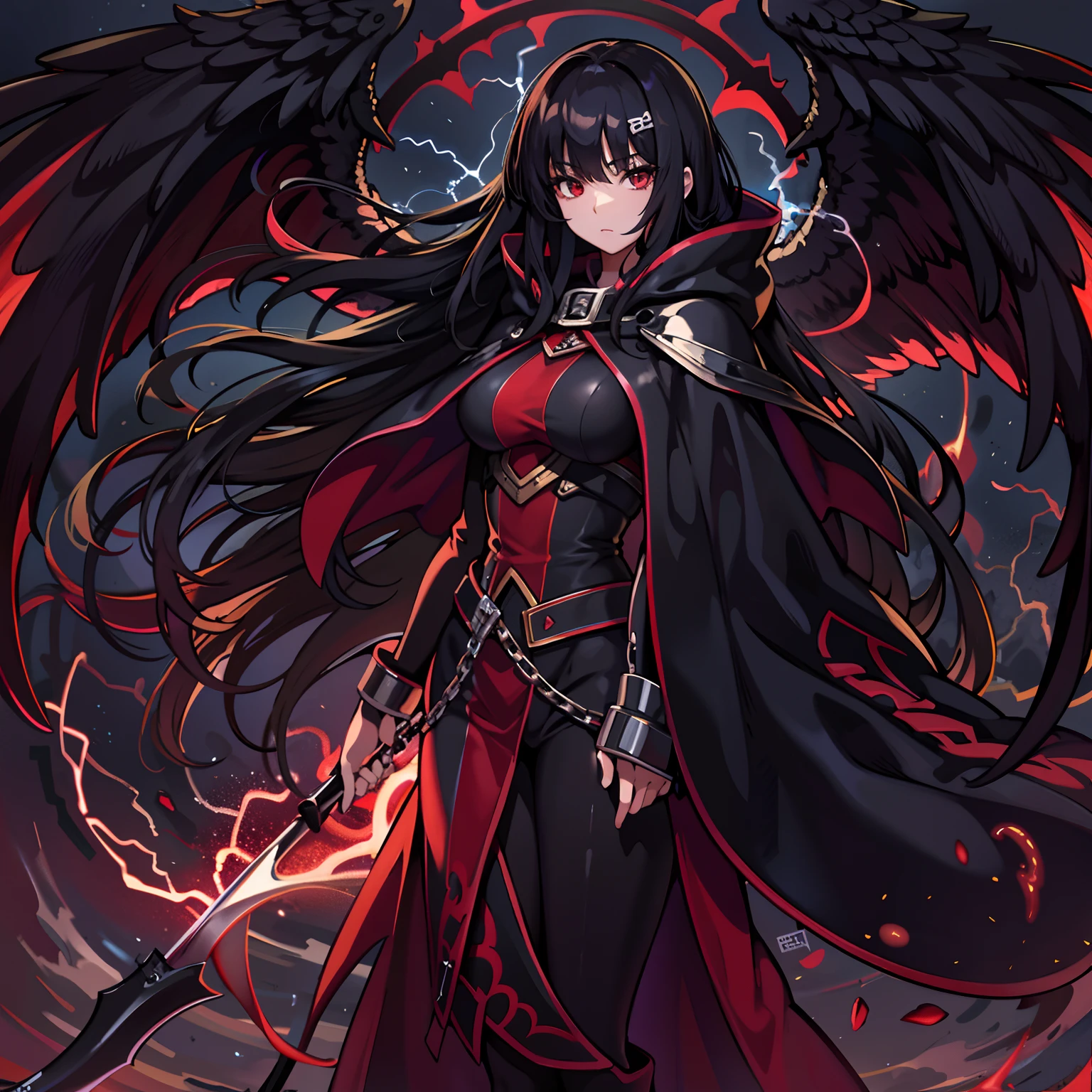 upper body, 1woman, black hair, Long Haired, Red eyes, (Crimson Lightning Angel), Black Long hoodie Cape, Black Large Scythe, tunic, big breats, wallpaper, Chain background, light particles, (masterpiece), best quality, side-swept bangs, Top Quality, black large wing