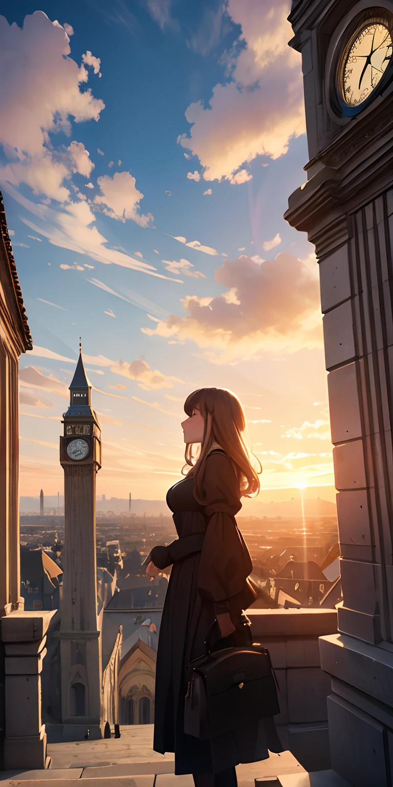 Vast landscape photos、The borders of old Europe in the Middle Ages、Depiction looking up from under the clock tower、girl with、The sunset is beautiful、large clouds visible