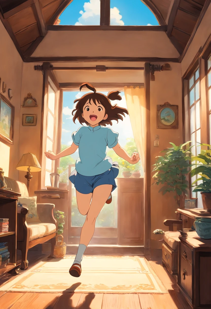 Running happily in the sunny living room.chocolate, o cachorrinho, Prick up your ears,Stick out her tongue, Agile jumping. Yang Guan shone into the house. and the sun was shining brightly, The blue sky complements this warm atmosphere