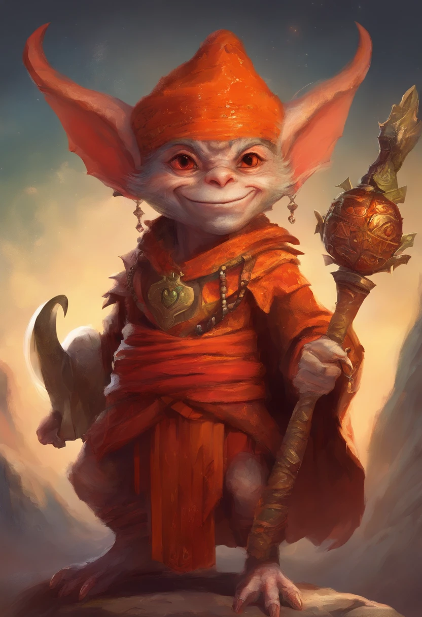 A red-skinned goblin (inspected from the red-skinned Japanese Oni demon). The elf is dressed in a toga made of furry orange fur. the skin is orange in color with black dots and thin stripes and a round patch on the skin. The atmosphere is one of magic and romance and mystery. In the background the universe. realistic image, perfect quality, high definition. the goblin is being hit, pierced, impaled, by a beam of white light coming from above.