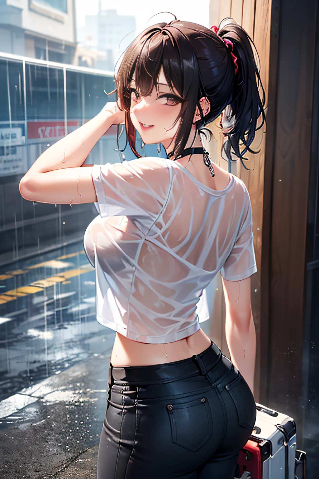 sologirl,Carry the electric guitar case on your shoulder,Back alley in heavy rain,Drenched bad girl,piercings,Punk rock fashion,Punk rock shirt with chain,Punk rock pants with chain,a choker,Intense body movements,Add a motion blur effect to simulate motion,(The whole body is soaking wet,Rainwater dripping from the face,Wet face,wetting hair,Wet and glowing skin,Soaking wet costumes,),(shiny silver hair,Short ponytail),(The composition of the princess's face,big eye,Pointed lips,red lipsticks,Cute round face,A smile that makes the viewer happy,blushing with embarrassment,red blush,),(Bold poses,(The 8k quality,masutepiece,top-quality,Ultra-high resolution output image,),intricate detailes,(Highly detailed raw photos:1.3),(Image Mode Ultra HD),