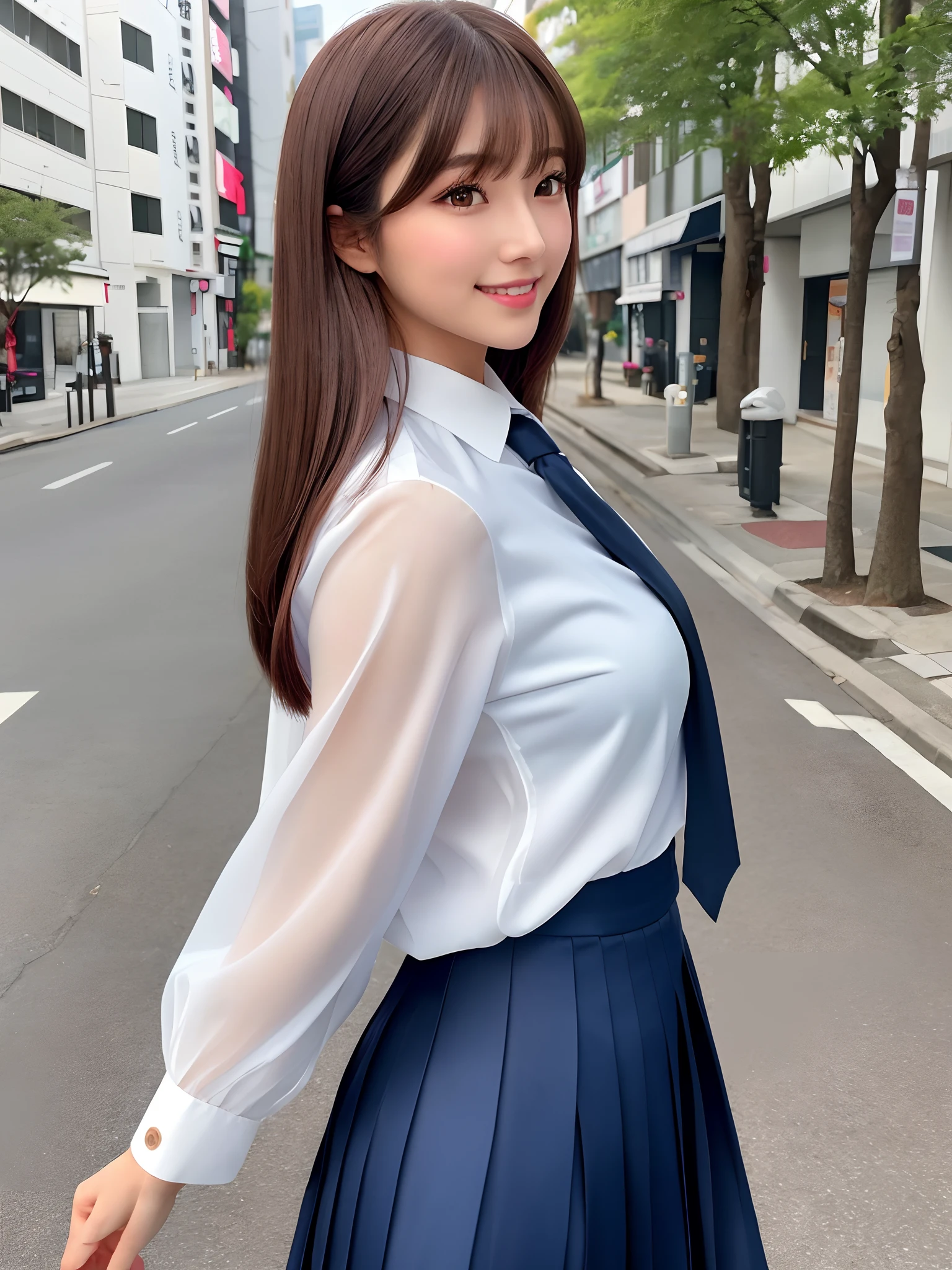 product quality, 1girl, upper body shot, front view, a Japanese young pretty woman, long bob hair, walking on a street with a big smile in the morning, glamorous figure, wearing a long sleeves white collared silky shirt with shiny satin dark blue plain tie, wearing a dark blue pleated long skirt, carrying one tote bag over her shoulder, hyper cute face, glossy lips, double eyelids in both eyes, natural makeup, long eyelashes, shiny smooth light brown long bob hair, asymmetrical bangs, a tanned skin, central image, high resolution, high detail, detailed hairstyle, detailed face, spectacular cinematic lighting, octane rendering, vibrant, hyper realistic, perfect limbs, perfect anatomy