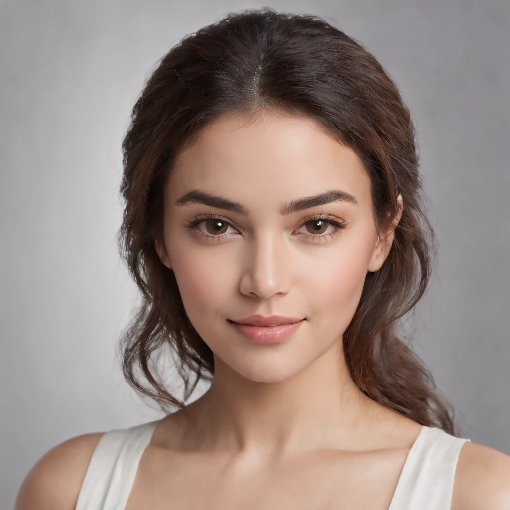 (Photo: 1.3) af (realism: 1.3), (Hispanic), Latina woman profile picture, (frontal close-up), soft light, clear face, happy, cheerful, warm light, white T-shirt, (off-white background), (blank background), (gray wall background)) avatar, (curly hair), smile, beautiful, young, short hair, smile, (close-up)