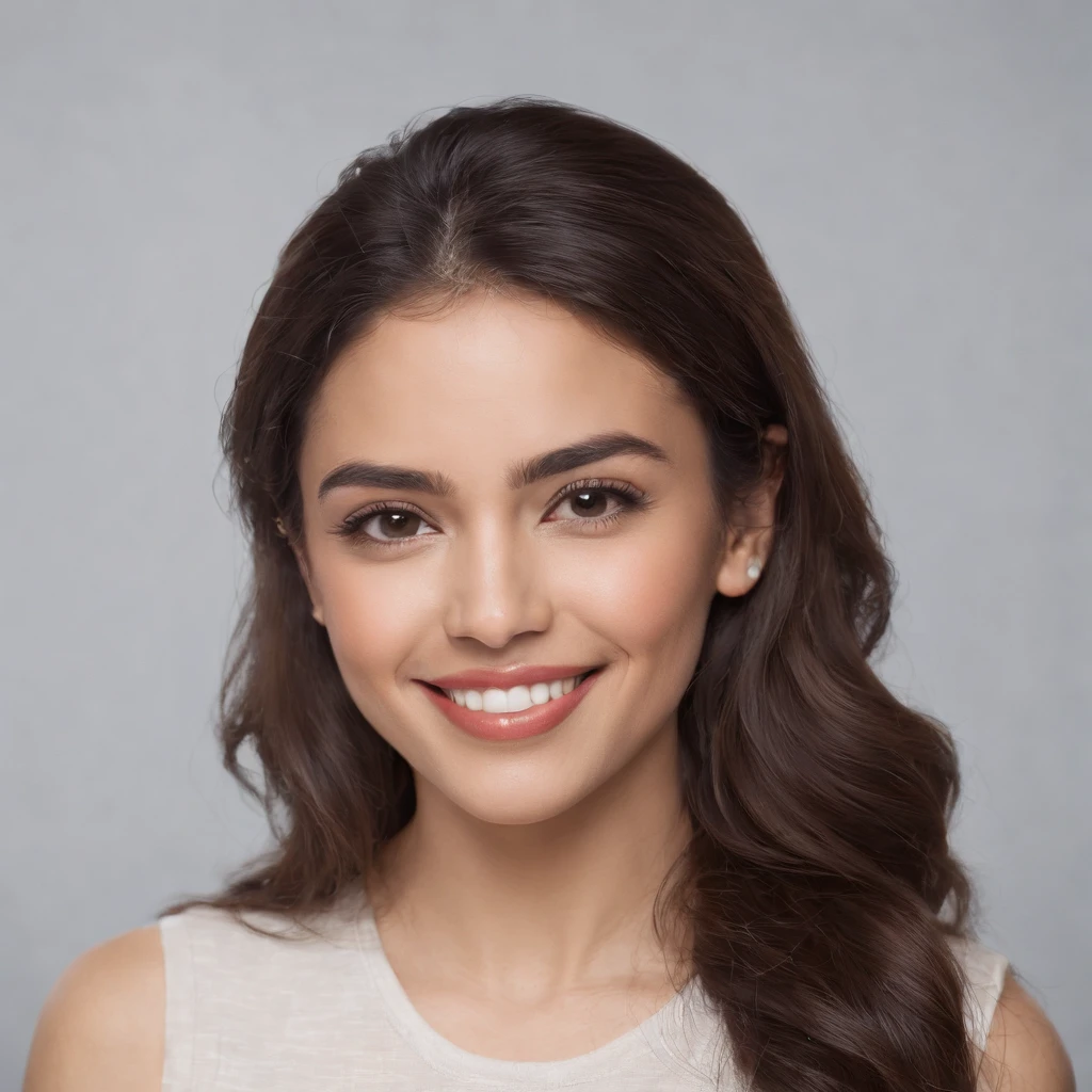 (Photo: 1.3) af (realism: 1.3), (Hispanic), Latina woman profile picture, (frontal close-up), soft light, clear face, happy, cheerful, warm light, white T-shirt, (off-white background), (blank background), (gray wall background)) avatar, (curly hair), smile, beautiful, young, short hair, smile, (close-up)