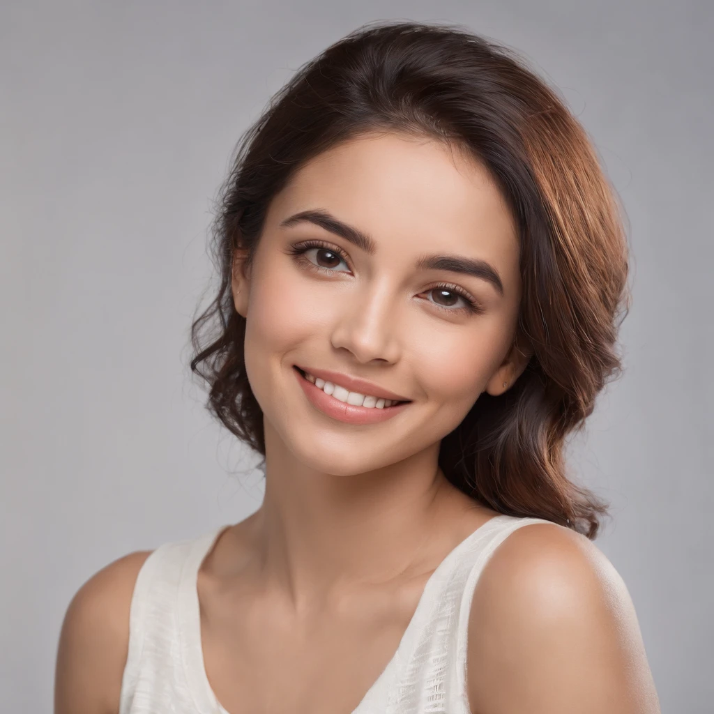 (Photo: 1.3) af (realism: 1.3), (Hispanic), Latina woman profile picture, (frontal close-up), soft light, clear face, happy, cheerful, warm light, white T-shirt, (off-white background), (blank background), (gray wall background)) avatar, (curly hair), smile, beautiful, young, short hair, smile, (close-up)