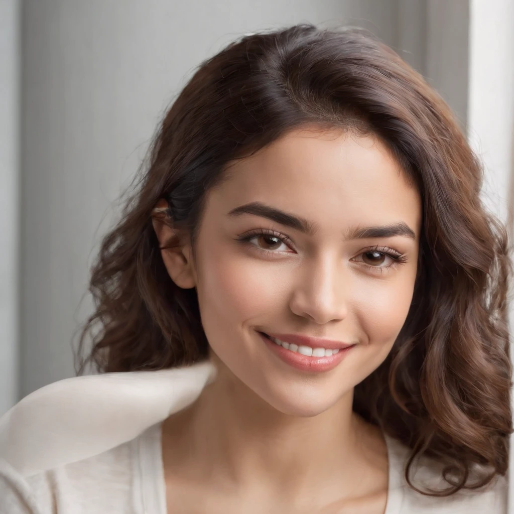 (Photo: 1.3) af (realism: 1.3), (Hispanic), Latina woman profile picture, (frontal close-up), soft light, clear face, happy, cheerful, warm light, white T-shirt, (off-white background), (blank background), (gray wall background)) avatar, (curly hair), smile, beautiful, young, short hair, smile, (close-up)