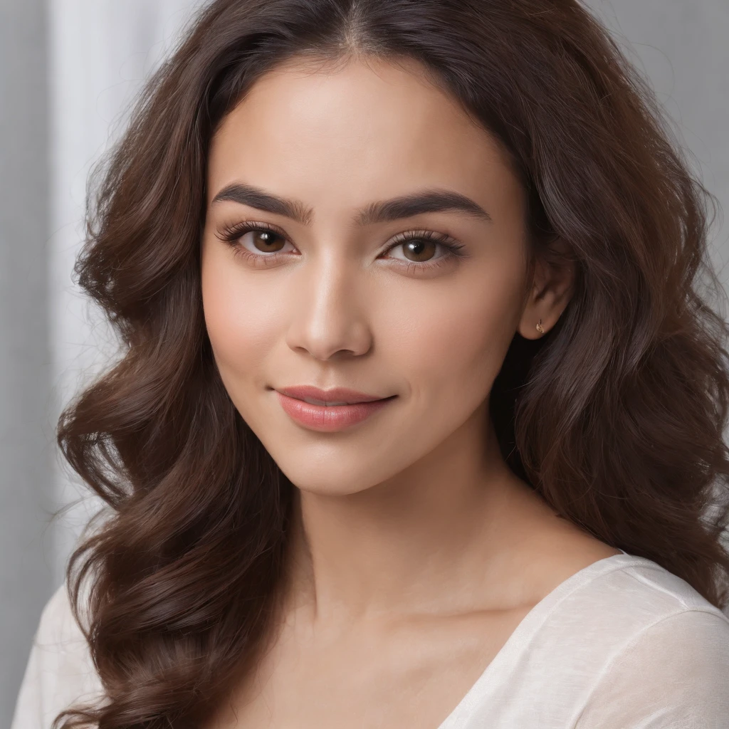 (Photo: 1.3) af (realism: 1.3), (Hispanic), Latina woman profile picture, (frontal close-up), soft light, clear face, happy, cheerful, warm light, white T-shirt, (off-white background), (blank background), (gray wall background)) avatar, (curly hair), smile, beautiful, young, short hair, smile, (close-up)