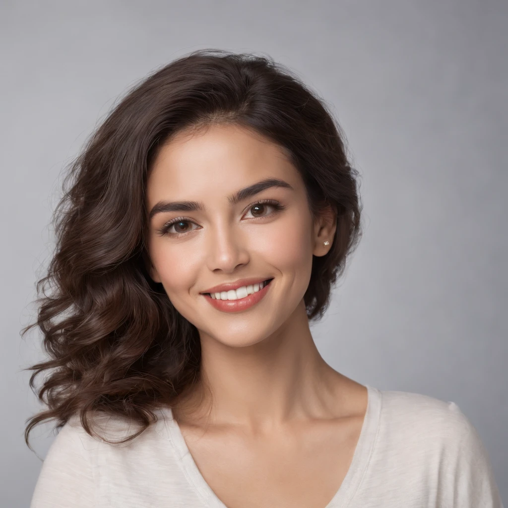 (Photo: 1.3) af (realism: 1.3), (Hispanic), Latina woman profile picture, (frontal close-up), soft light, clear face, happy, cheerful, warm light, white T-shirt, (off-white background), (blank background), (gray wall background)) avatar, (curly hair), smile, beautiful, young, short hair, smile, (close-up)